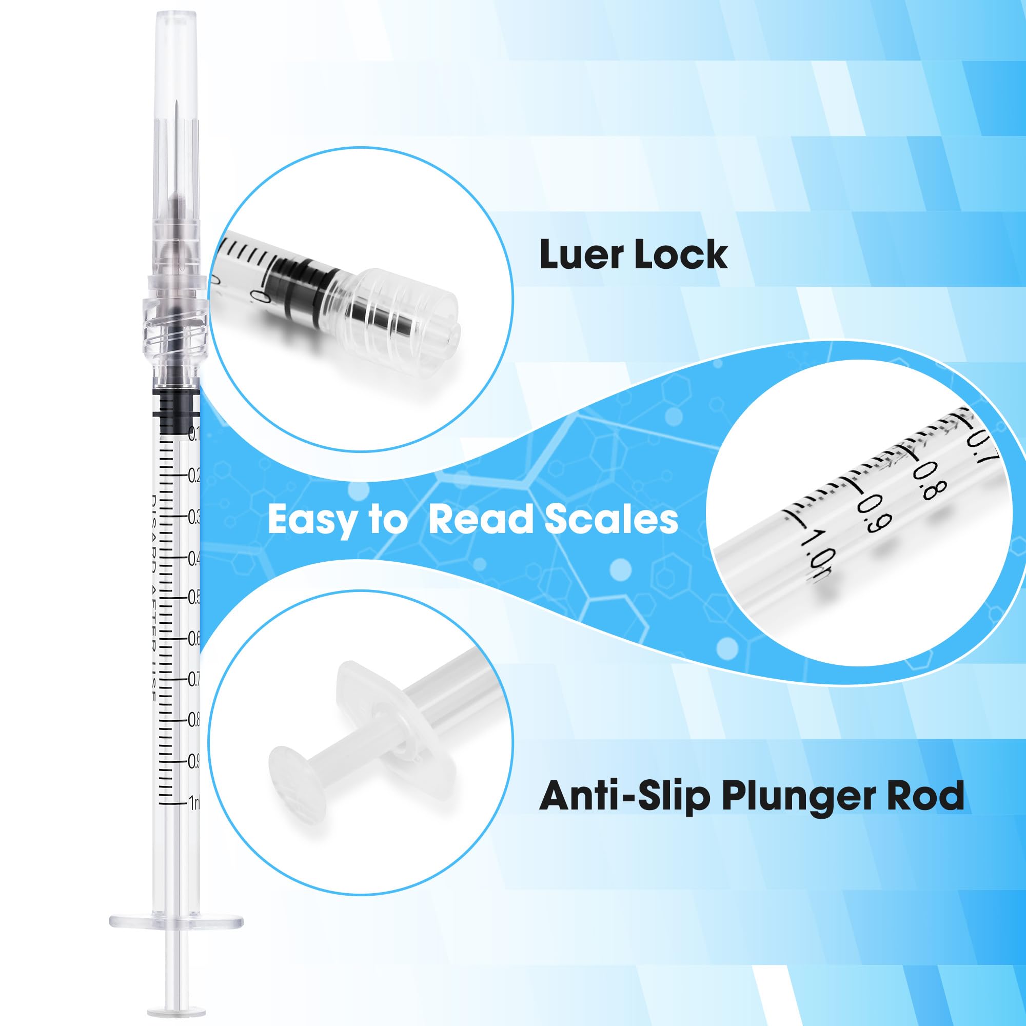 Meterbox 100 Pack 1ml Syringes with Needle 27G 1/2 Inch - Disposable Luer Lock Dispensing Syringe, Individually Wrapped