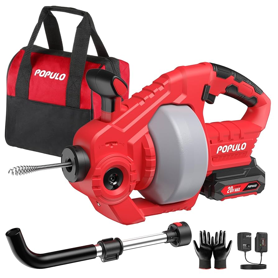 POPULO 20V Cordless Electric Drain Snake, 25Ft Replaceable