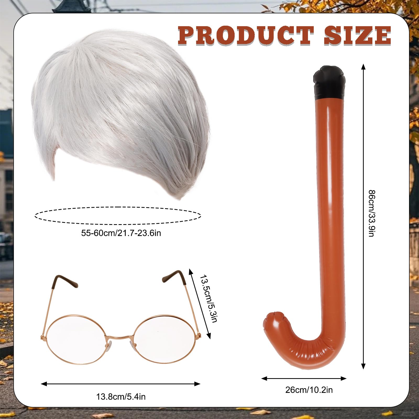 Bcxfbxd 3Pcs Old Man Costume Accessories for Boys Grandpa Silver Wig with Glasses Inflatable Crutch for 100th Day of School