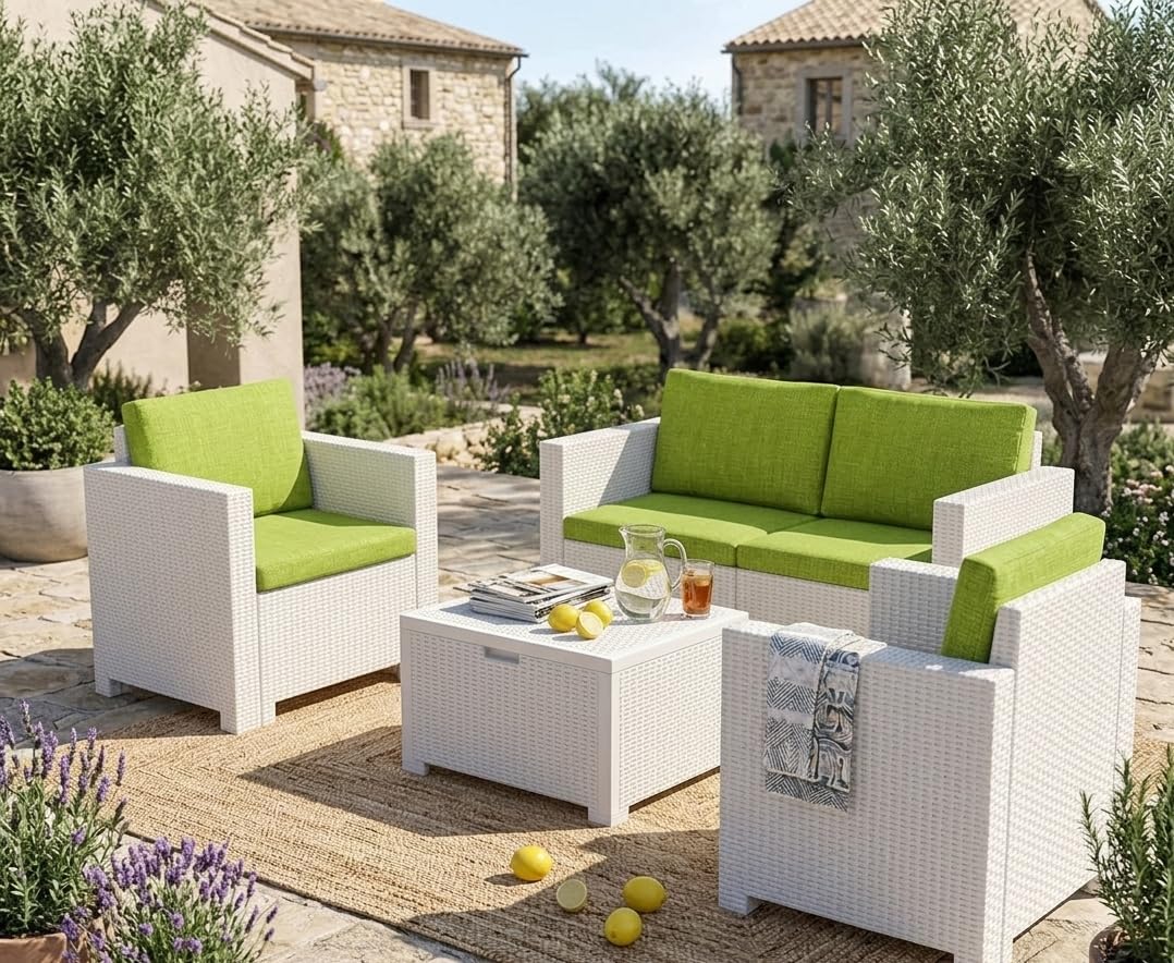 Cojines de Exterior de 4 Piezas, 50 x 52 cm, universales, desenfundables, lámina de Poliuretano, cómodos. Fabricados en Italia. (Verde)