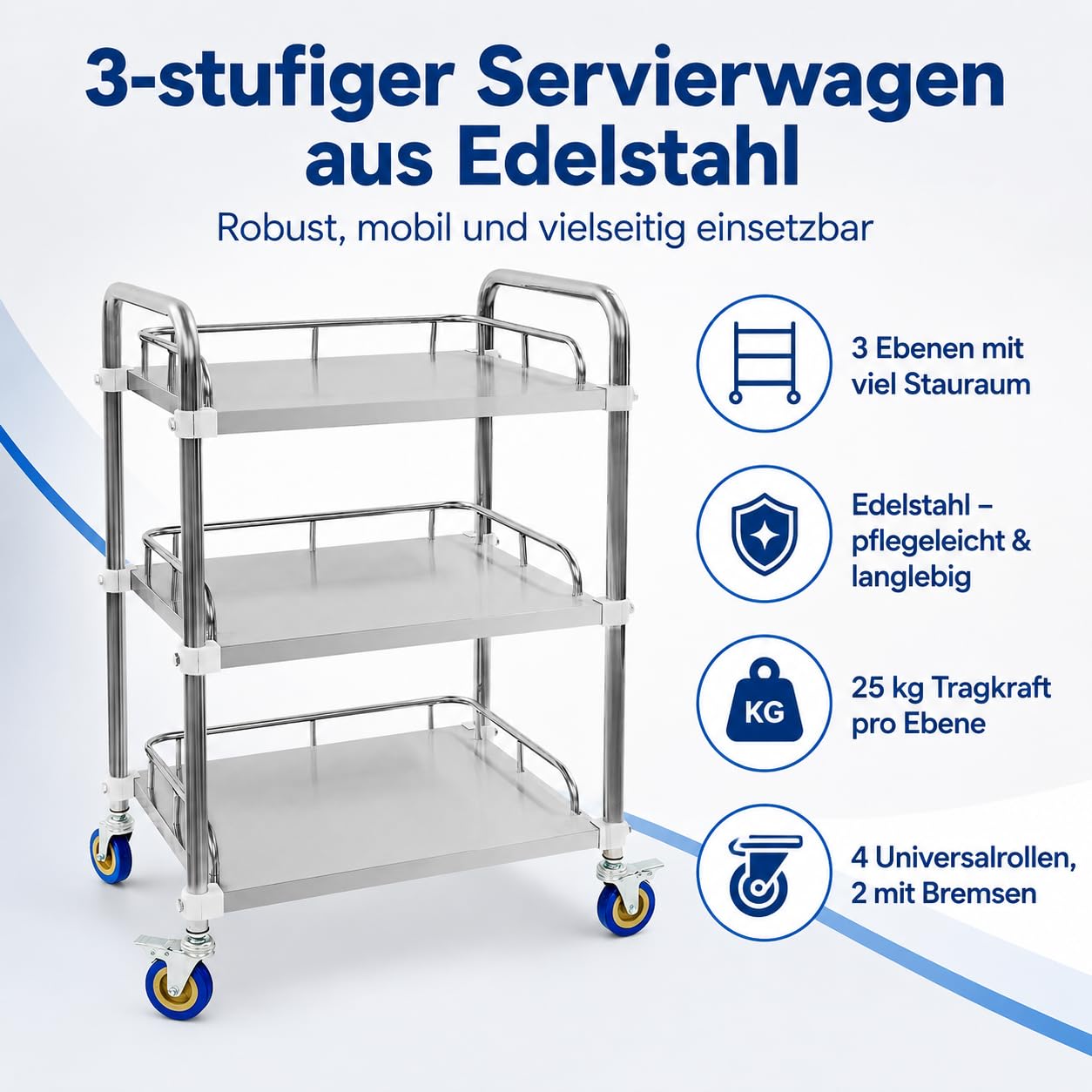 Carro de servicio de acero inoxidable con 3 niveles, 50 x 40 x 86 cm, carrito de cocina con 4 ruedas universales, 2 frenos, 25 kg por nivel, carrito de transporte para cocina, laboratorio