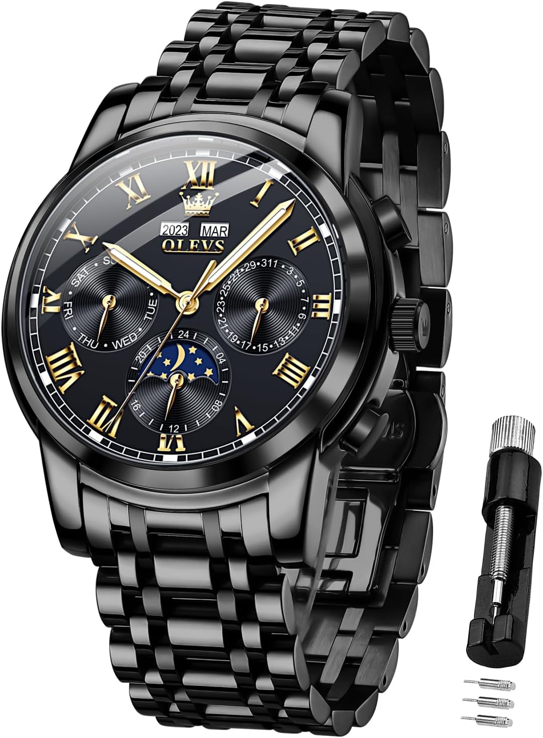 OLEVS Mens Automatic Watch Mechanical Self Winding Luxury Business Dress Moon Phase Stainless Steel Calendar Wrist Watches for Men Waterproof Luminous
