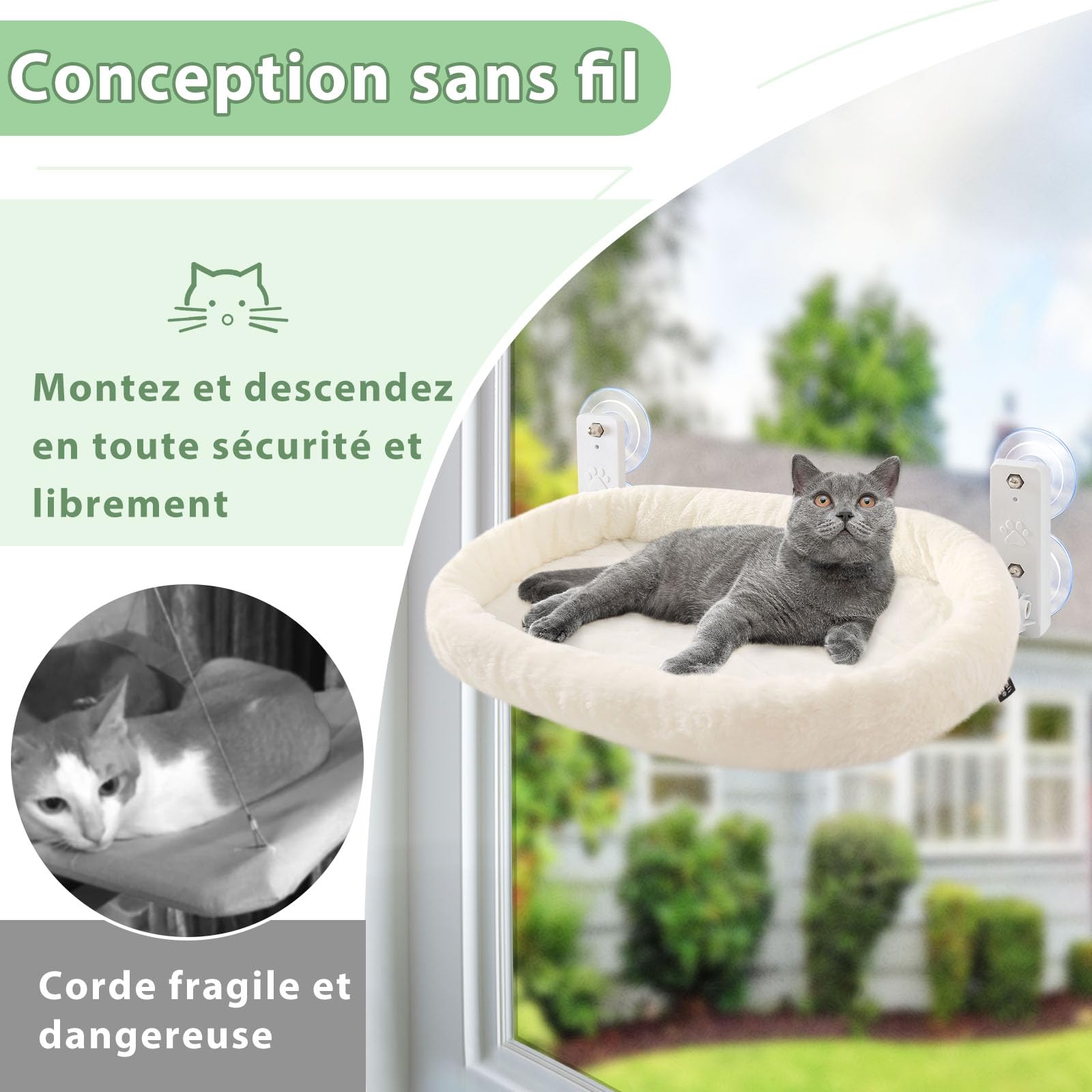 GUUSII HOME Hamac Chat Fenetre Perchoir Lit Fenêtre Panier Suspendu Etagere pour Grande Chats Pliable Transat Facile à Monter avec Ventouse Puissante Tapis Réversible 53 * 30cm Jusqu'à 18kg (Blanc, M)