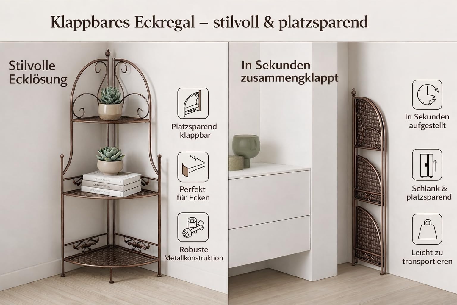 PrimoLiving Metall Garten Regal - Pflanzen Blumen Eckregal aus Metall - Pflanzenregal Garten und Balkon - Blumenbank für draußen - im Vintage Antik-Look, 114cm hoch, braun, P-08508