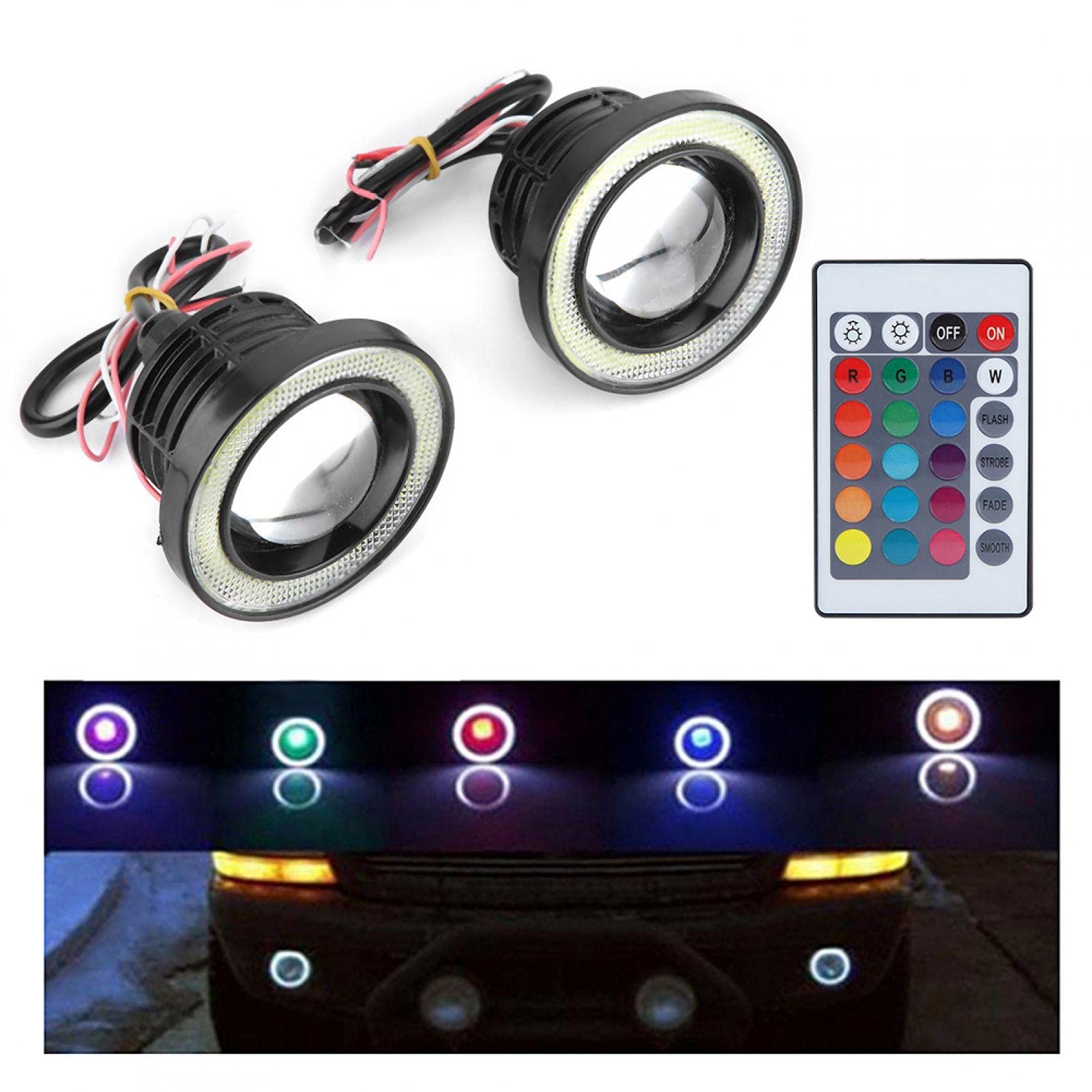 Coppia auto 30W RGB LED fendinebbia COB Angel Eye Halo Ring Lampada super luminosa con telecomando 12V(3.5 Inch)