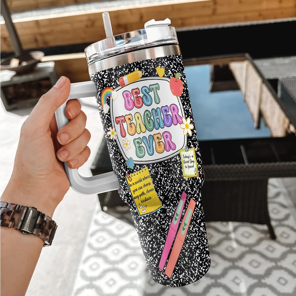 Teacher Composition Notebook Tumbler 40 oz Stainless Steel with Handle Lid and Straw, Coffee Teachers Appreciation Gift for Men Women on Back to School, Graduation Birthday - Image 2