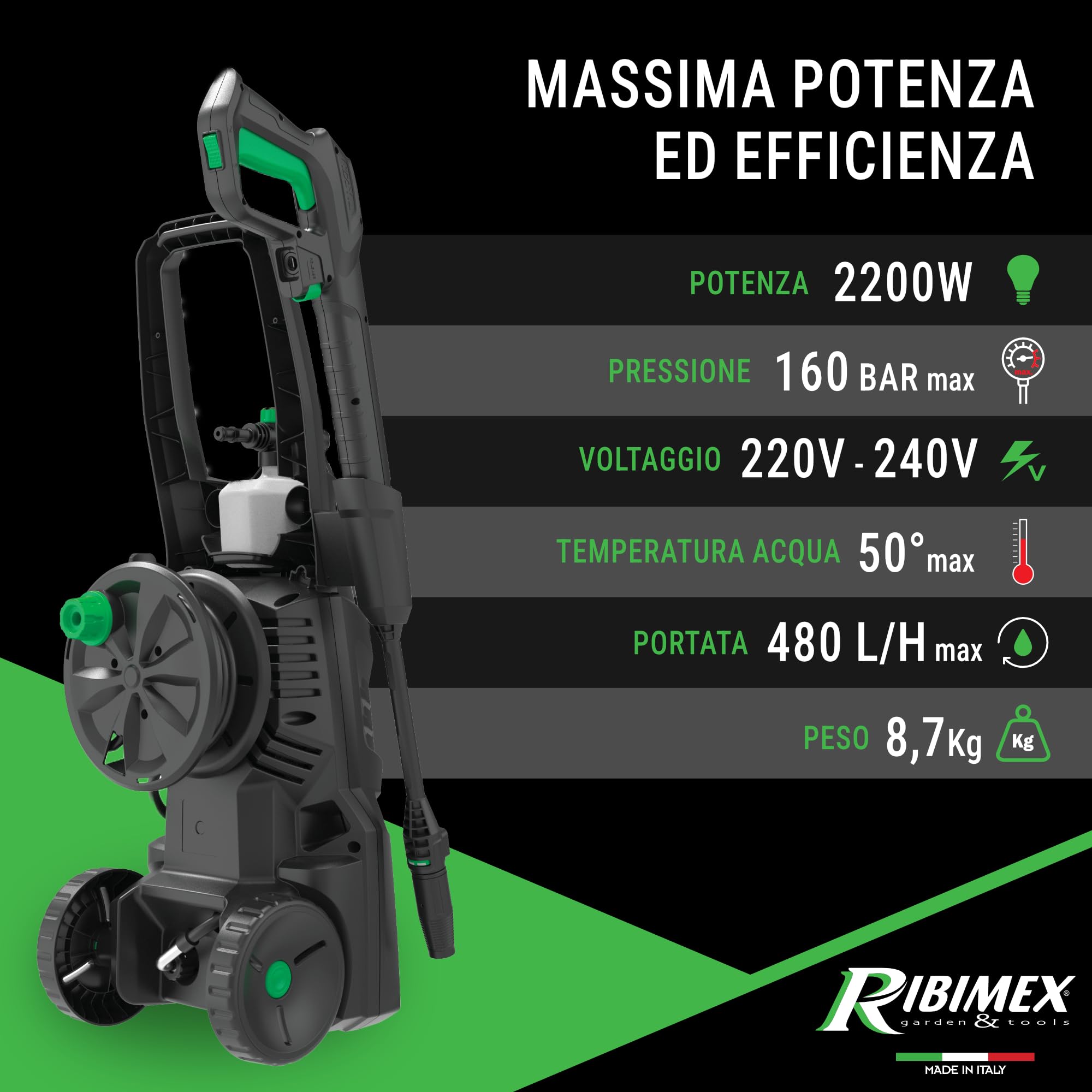 Ribimex Idropulitrice ad Alta Pressione RX4, 2200W, 160 Bar, 480 L/h, Getto Regolabile, Serbatoio Detergente 550 mL, Tubo da 5 m, Protezione IPX5, Arresto Automatico, Avvolgitubo Integrato - PRNHP04