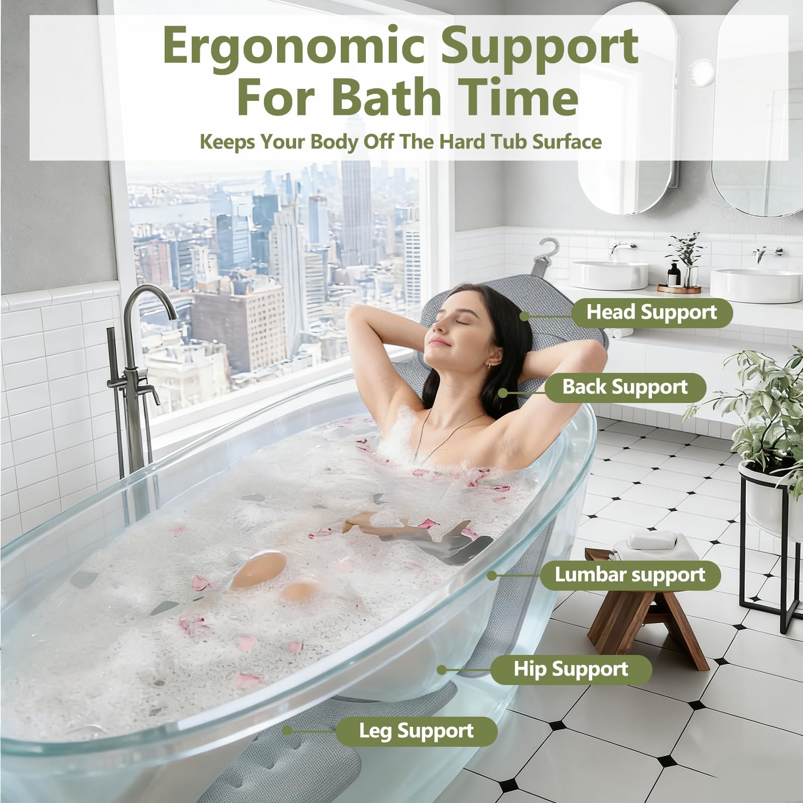 Almohada de baño de cuerpo completo con reposacabezas, soporte lumbar extraíble y 192 ventosas, inserto antideslizante para bañera, cojín de malla de secado rápido, respetuoso con la piel, lavable a