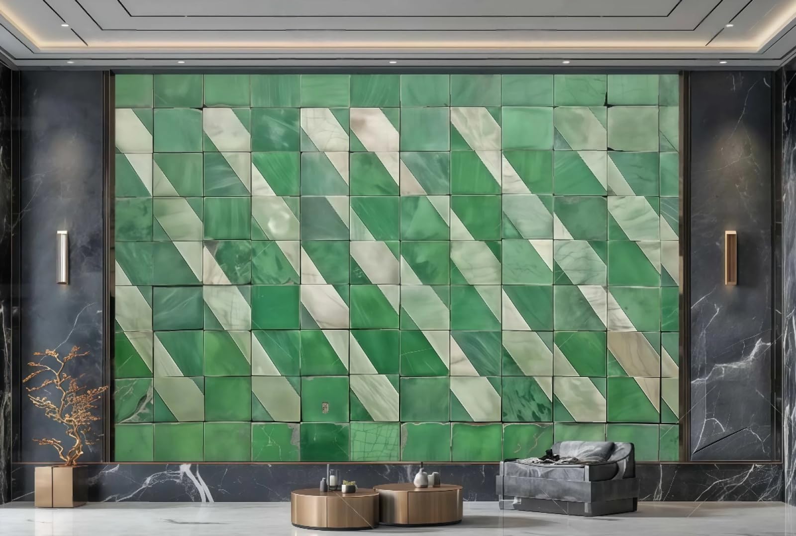 Tapeta nowoczesne proste zielone i białe kwadratowe łączenie reliefowe malarstwo skała telewizor sofa tło fototapeta ścienna salon restauracja kawiarnia, 3D, 250 x 175 cm