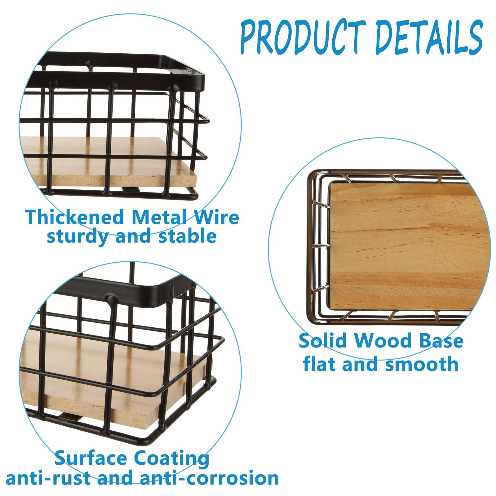 Acrux7 Paquete de 4 cestas de alambre de metal, cestas de almacenamiento de alambre negro con base de madera desmontable, cesta rectangular de cables de montaje en pared para cocina, baño, despensa