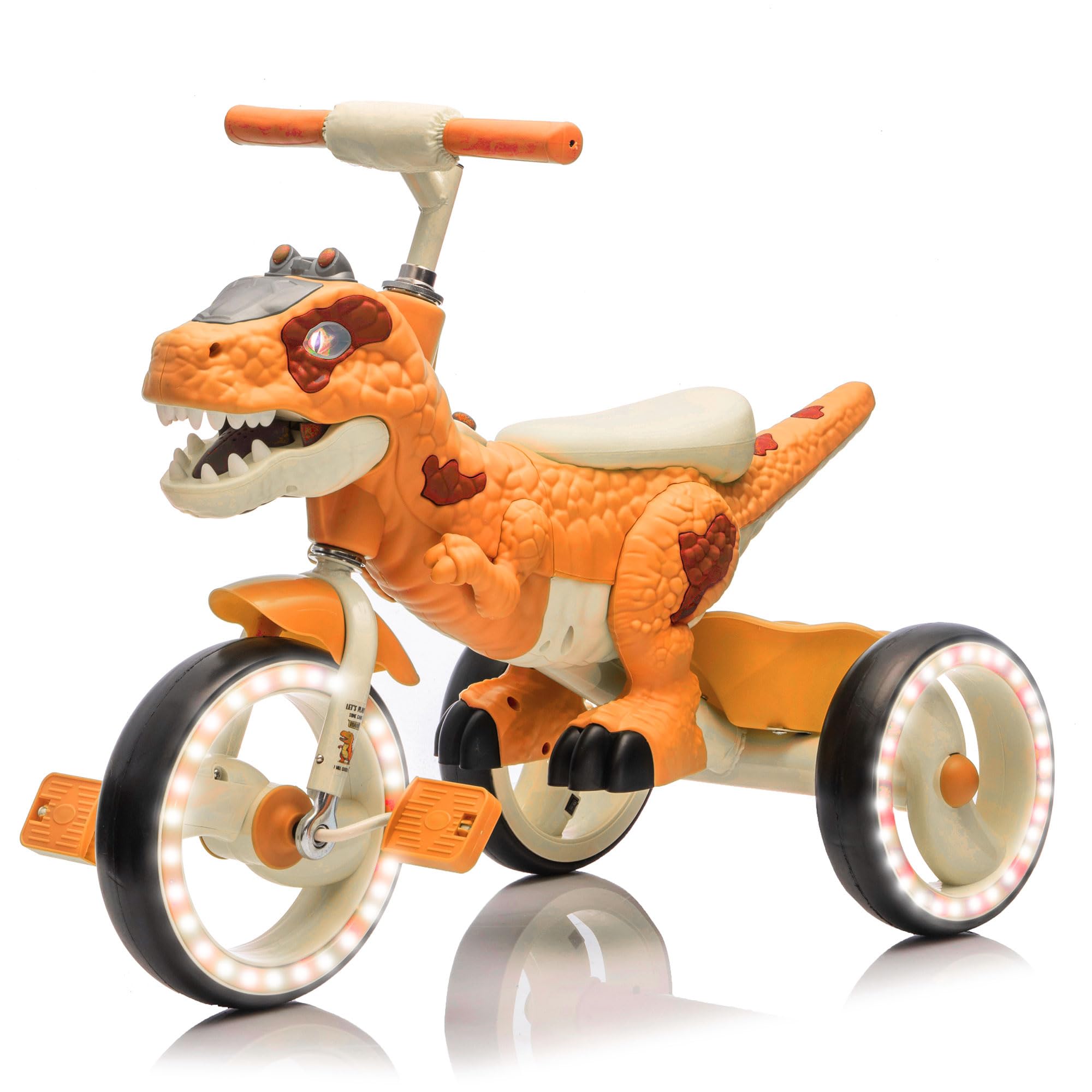 Dinosaur Kids Tricycle for Rider, Toddlers Kid Trike Bike Big Wheel with EVA Wide Flash Wheels, Anti-Slip Pedals, Storage Basket, Music & LED Lights,