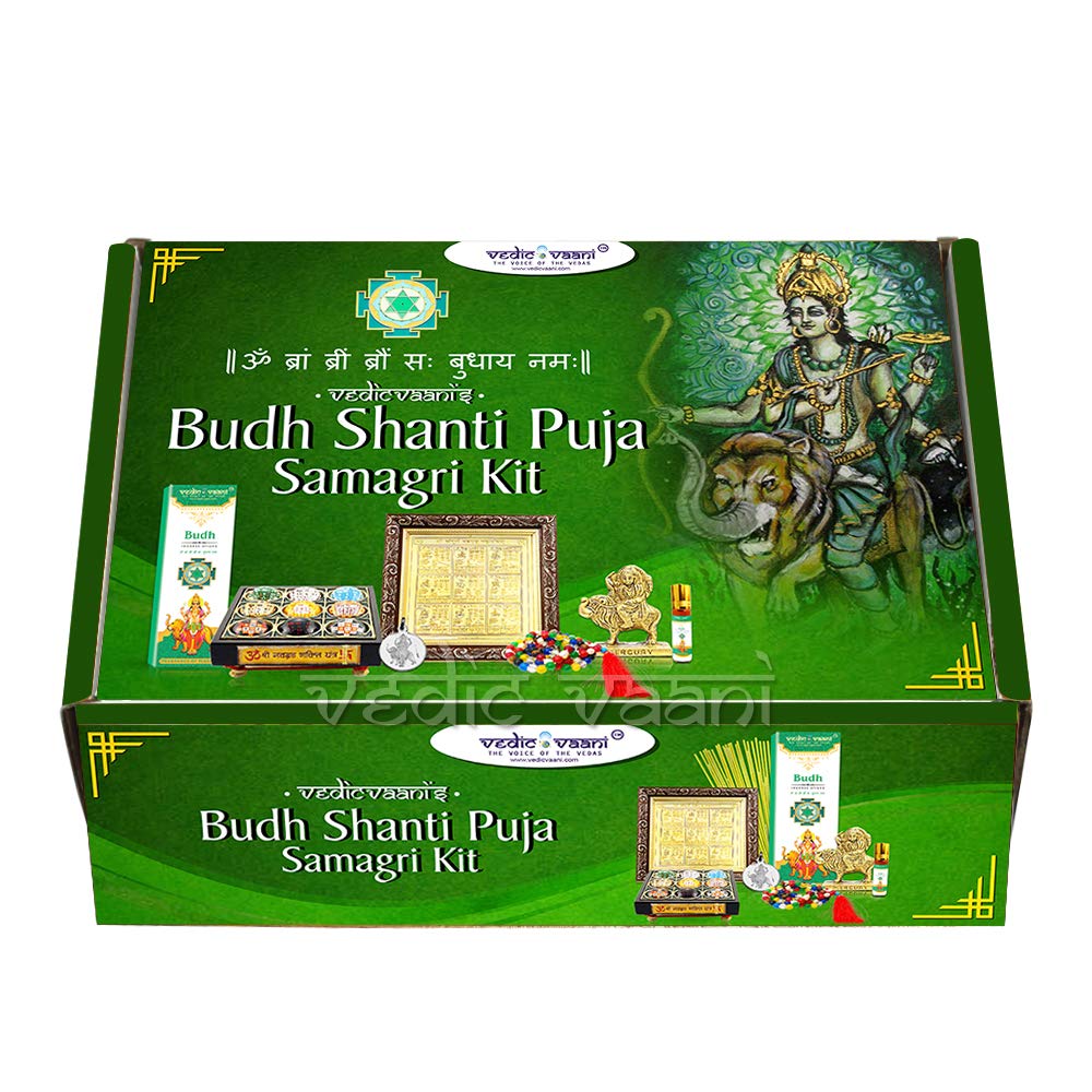 Vedic Vaani God Budha (Mercury) Budh Brass Idol|Budh Graha (Planet) Dosha Nivaran Mantra Yantra Jaap Navgraha Puja Kit|Budh Graha Shanti Incense & Locket with Navagraha Yantra & Chowki for Budh Puja
