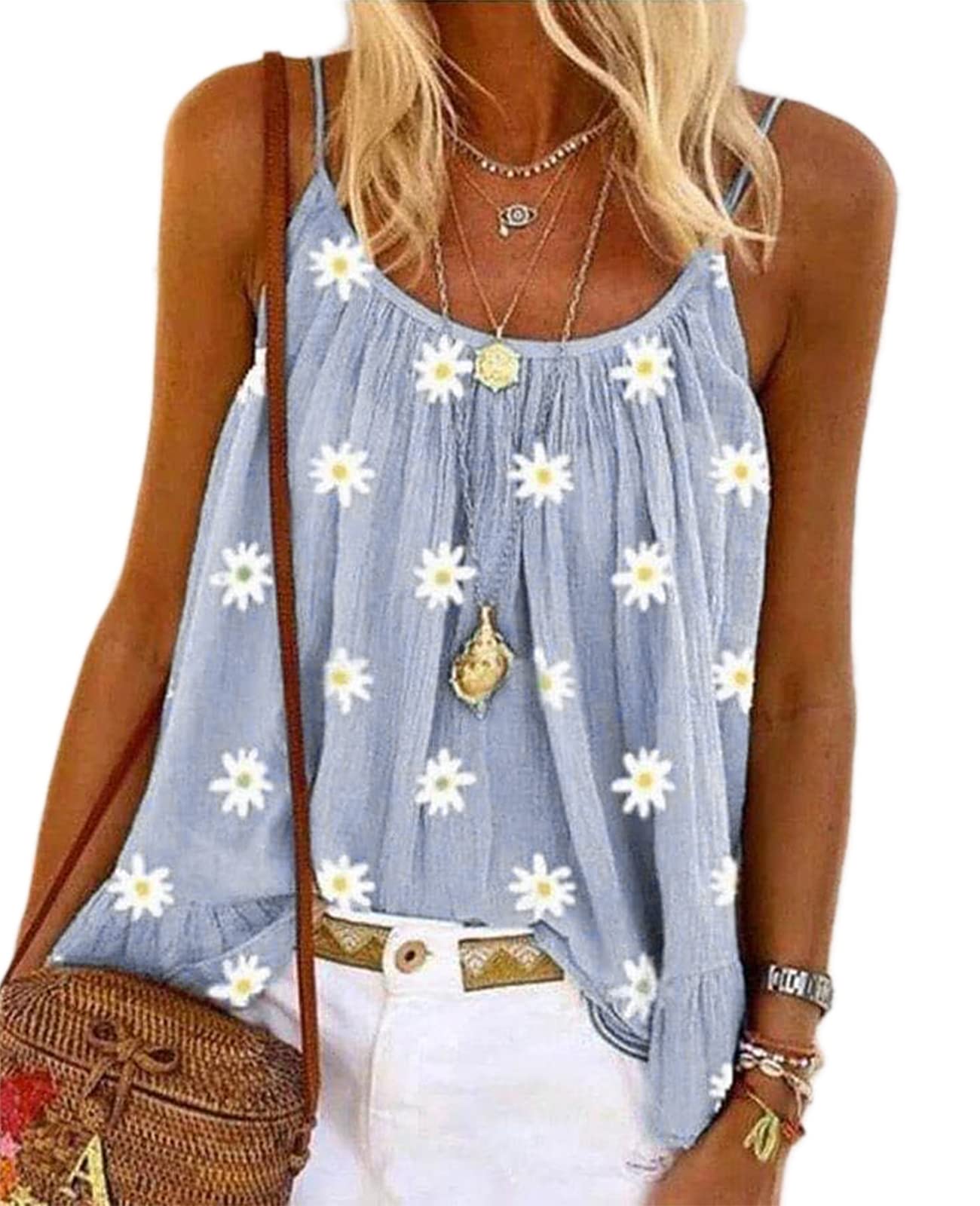LOTUCYDaisy Tank Tops Camisole Cami Shirt Women Casual Summer Flower Printed Pleated Flowy Sleeveless Camisole Tank Tops