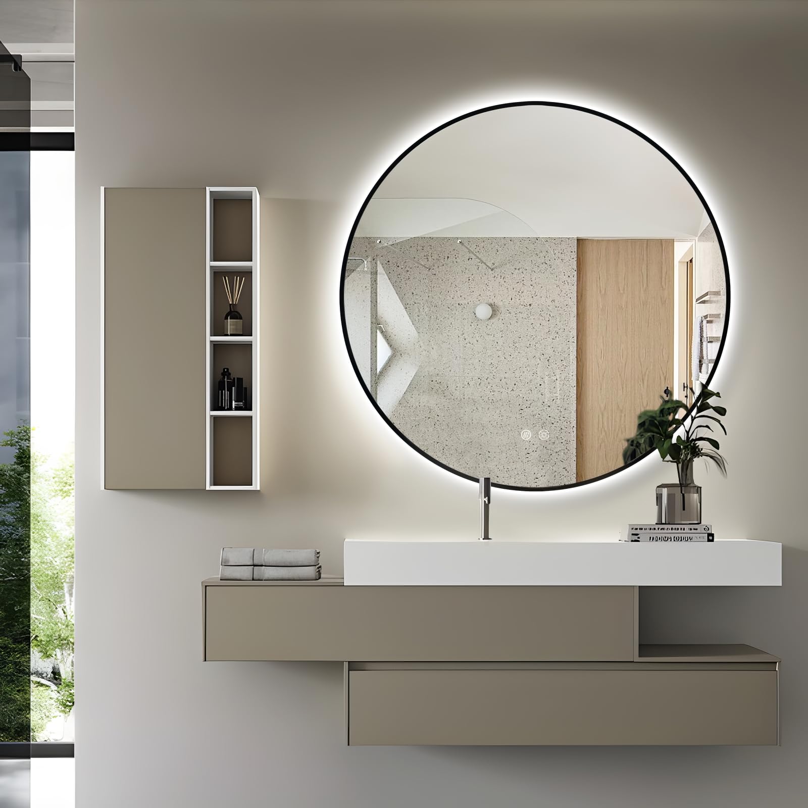 Niccy 40" Round LED Bathroom Backlit Mirror with Lights, Black Frame Lighted Bathroom Vanity Mirrors for Wall Circle Mirror with Anti-Fog, Light Up Mirrors 3 Color ShatterProof