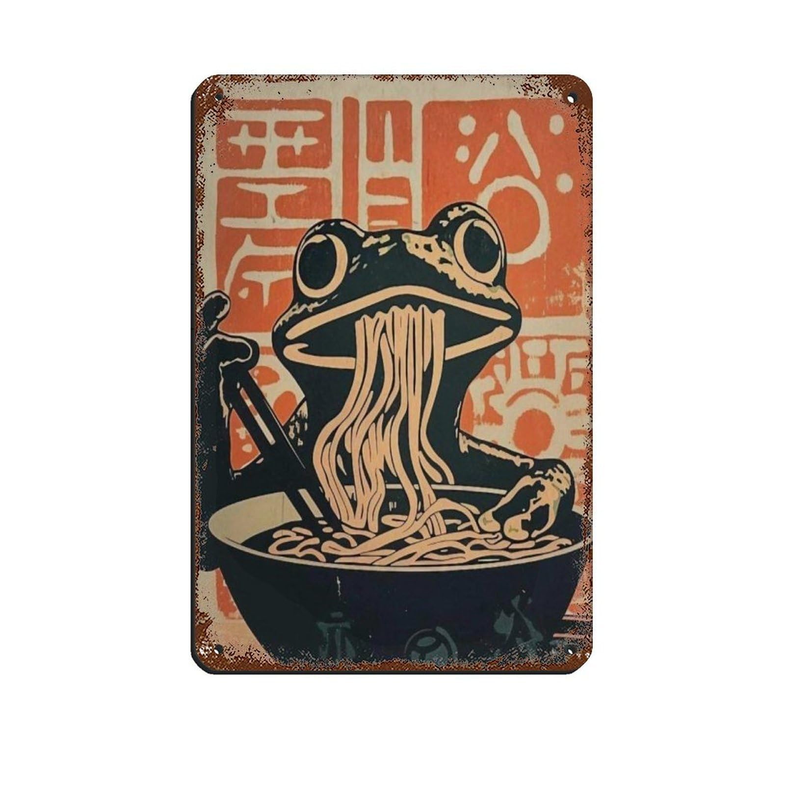 Retro Frog Eating Noodles Art Poster, Retro Poster Metal Tin Sign Chic Art Retro Iron Painting Bar People Cave Cafe Family Garage Poster Wall Decoration 8x12inch(20x30cm)