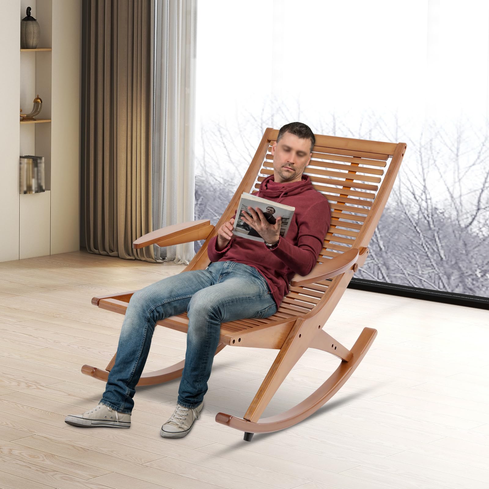 Bambusowy fotel bujany z ergonomicznym siedziskiem, obciążenie do 150 kg, swobodne kołysanie, do salonu, sypialni i na balkon, eleganckie wzornictwo w kolorze brązowym, 54,8 x 92 x 75,5 cm