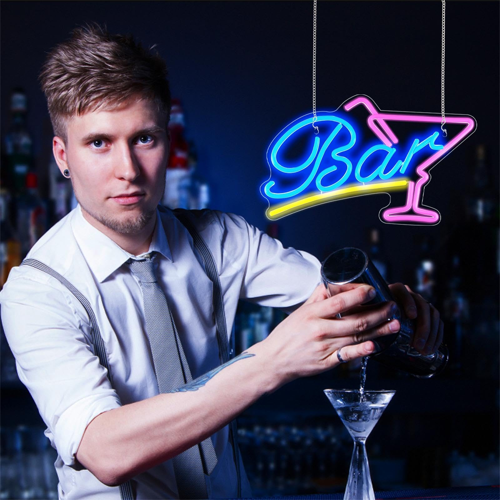 Insegna Neon Bar LED, Panel Acrílico 38x23cm con Cadena y Gancho Adhesivo, USB Luci Con Ajuste de Brillo, Decoración de pared Bar Pub Club Restaurante Hogar