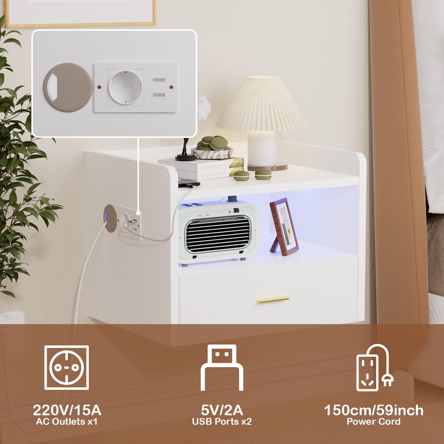Set di 2 Comodino Sospeso Comodino da Parete con Presa e Striscia Luminosa RGB Comodini con 1 Cassetto e 1 Scomparto per Camera da Letto, Soggiorno, Bianco