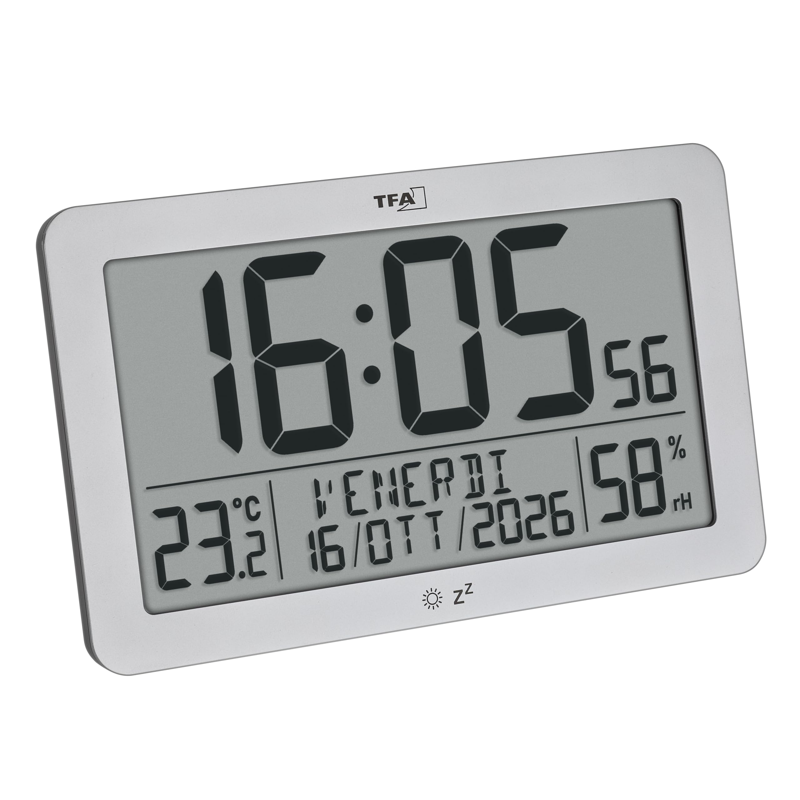 TFA Dostmann Orologio da parete moderno, radiocontrollato digitale, clima ambiente, 60.2568.54, grande, indicazione del giorno, della settimana, della data, funzione sveglia, à batteria, argento