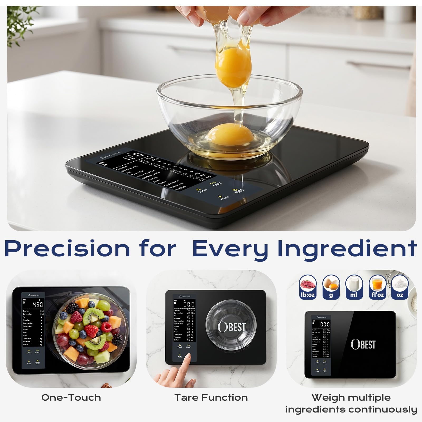 OBEST Balance de Cuisine Numérique avec Suivi de 30 Nutriments, 10kg/1g | Balance Intelligente avec Calcul Calories, Bluetooth Balance Alimentaire pour Perte de Poids, à Ecran LCD, Tara Fonction