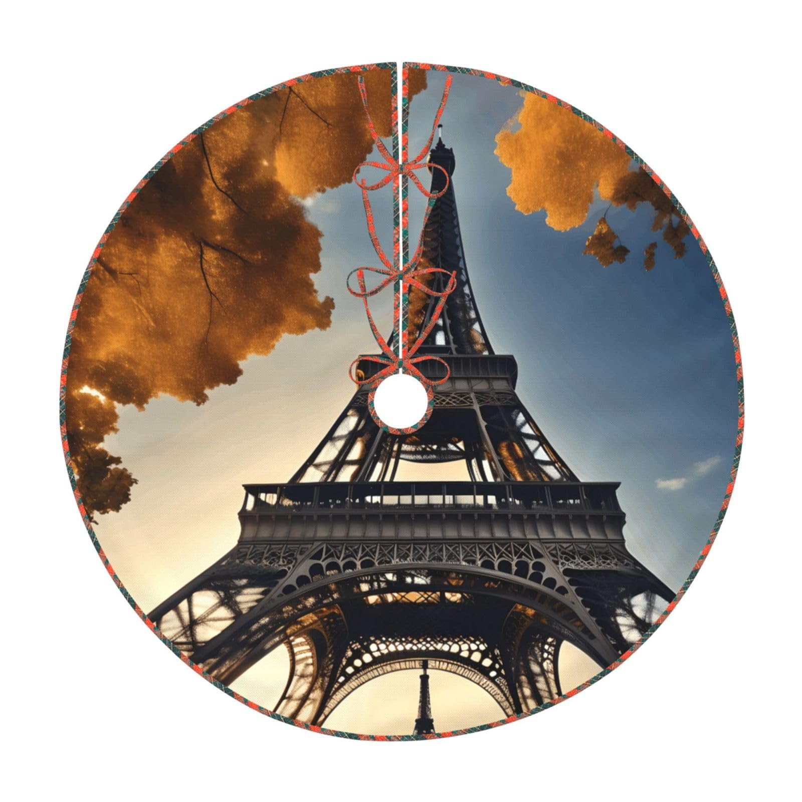 Jupe de sapin de Noël Tour Eiffel tapis rustique Paris pour décoration de fête chic