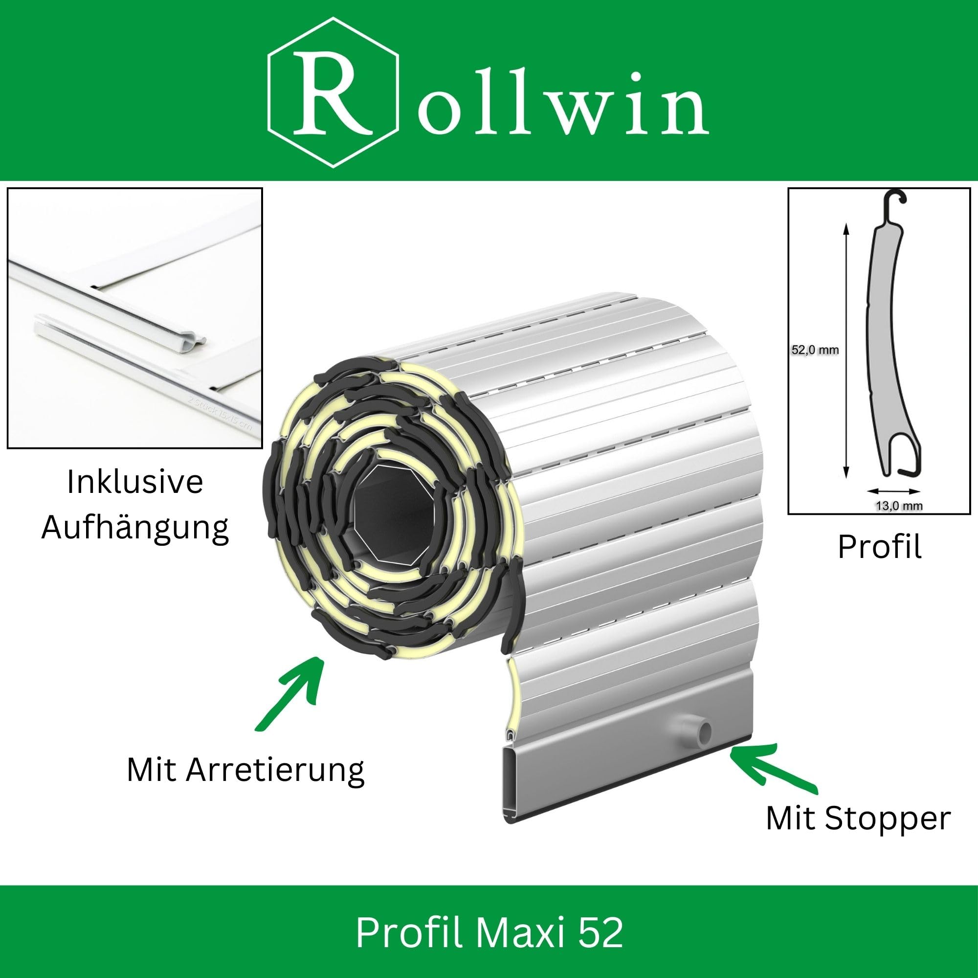 ROLLADEN ALU Maxi 52 Silber Gebohrte Endleiste Rolladenpanzer Aluminium Lamelle mit Rollladendämmung Rollladenfenster Rollladen DEUTSCHE Produktion zum Einbauen Hier Konfigurieren »»