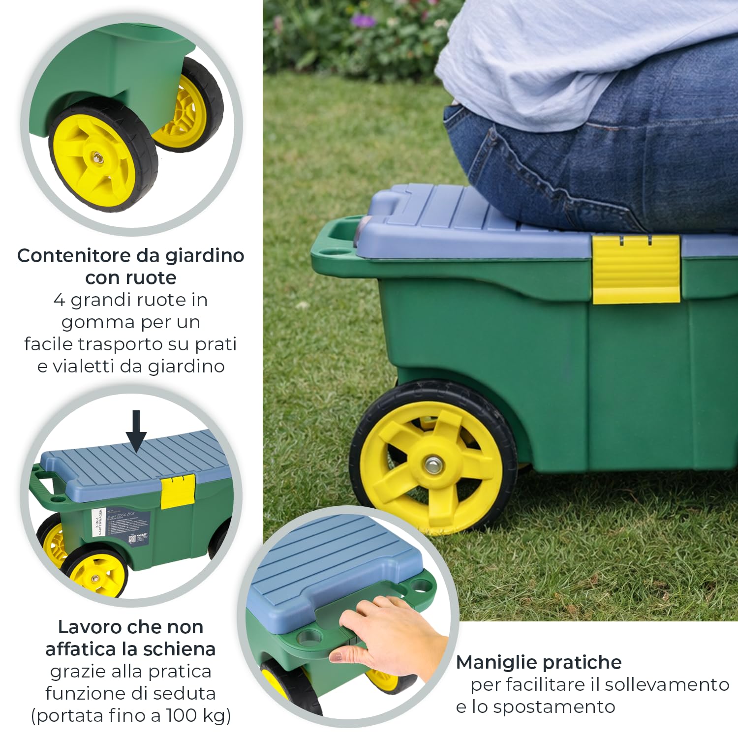 HMF Carrello da giardino 2 in 1 con seduta e vano portaoggetti, sgabello da giardino con ruote grandi, sedile girevole per giardinaggio fino a 100 kg, 55 x 26,5 x 29,5 cm, verde