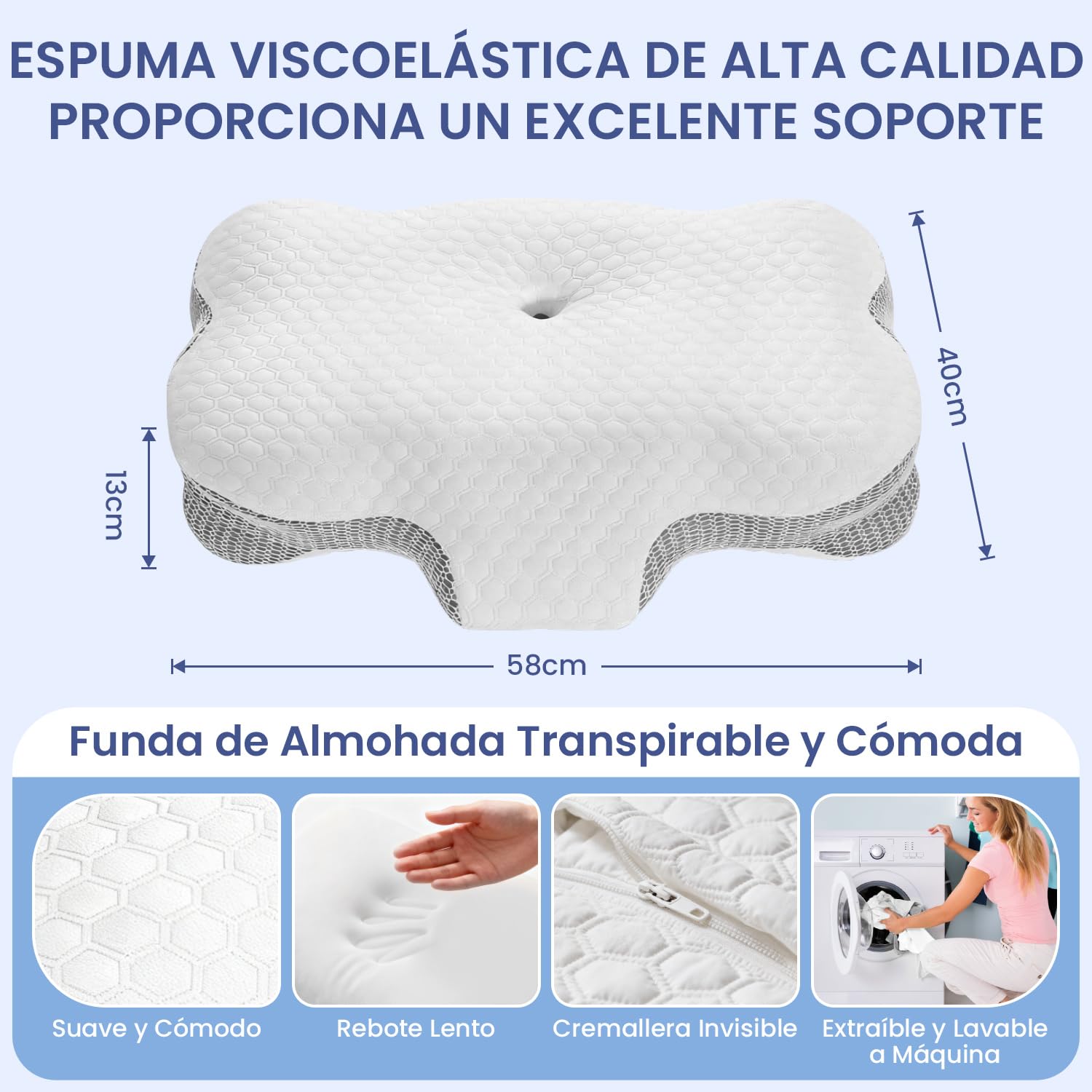 Almohada Cervicales y Cuello, Almohada Cervical Ergonómica de Espuma Viscoelastica, Almohada Ortopedica para Soporte de Cabeza/Cuello/Hombro, Dormir de Lado, Boca Arriba y Boca Abajo (Blanco)