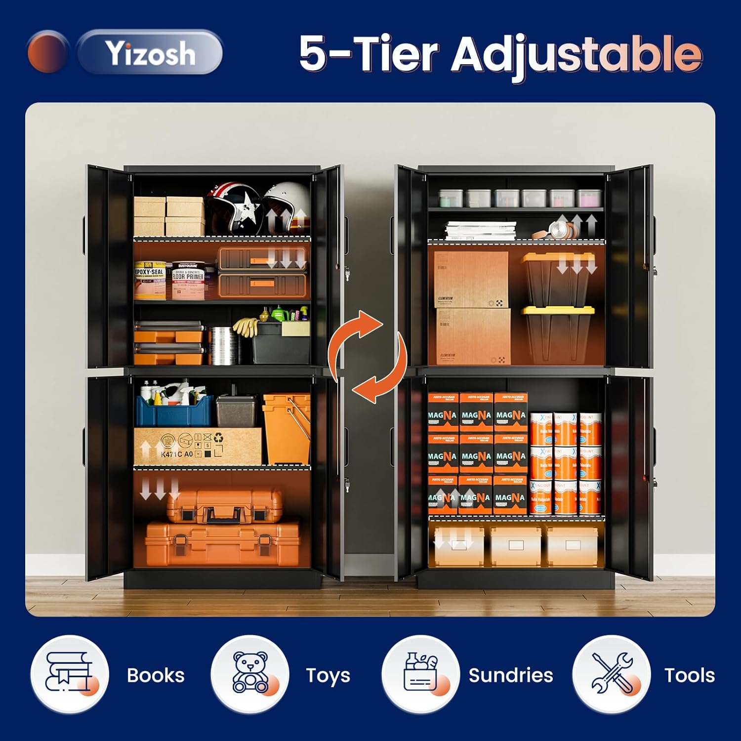 Yizosh Metal Storage Locking Cabinet with 4 Doors and 2 Adjustable Shelves,71" Lockable Garage Tall Steel Cabinet,for Home Office,Living Room,Pantry,Gym,Commercial Storage (Black)