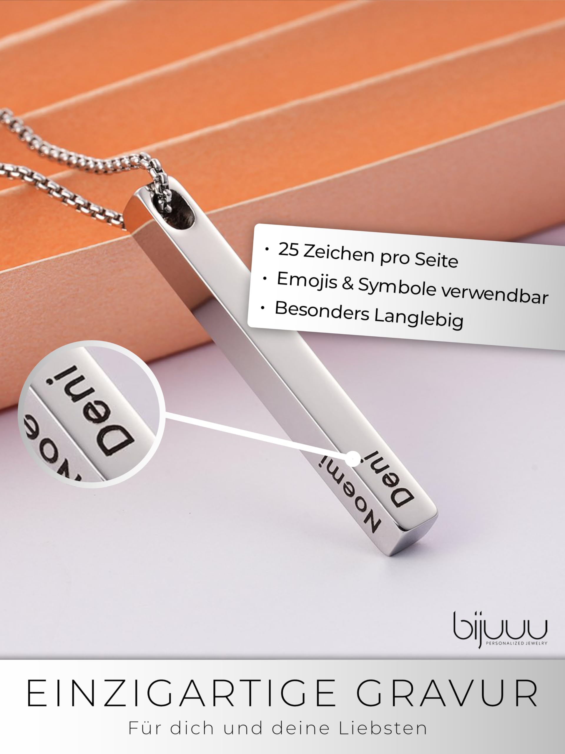 bijuuu Säulenkette personalisierbar mit Gravur – Wasserfeste Stabanhänger Halskette – Namenskette mit Karabinerverschluss – 50-55 cm Länge aus 316L Chirurgen Edelstahl