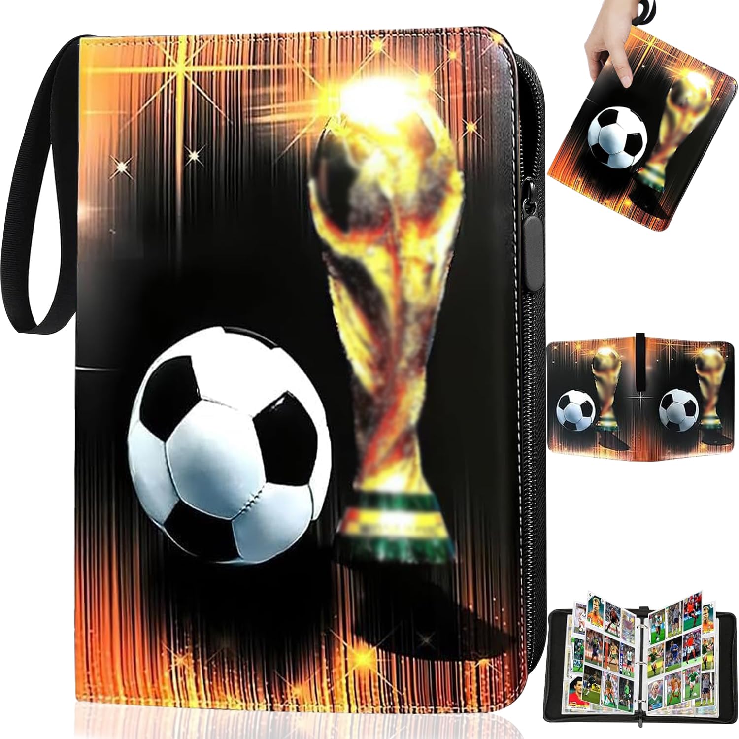 Abiemuce Sammelalbum Fußball Karten, 9 Fächer 50 Pcs Seite Sammelkarten Album für bis zu 900 Karten, Tragbarer Wasserdicht PU Leder Reißverschluss Fussball Karten Sammelalbum zum Sammeln und Tauschen