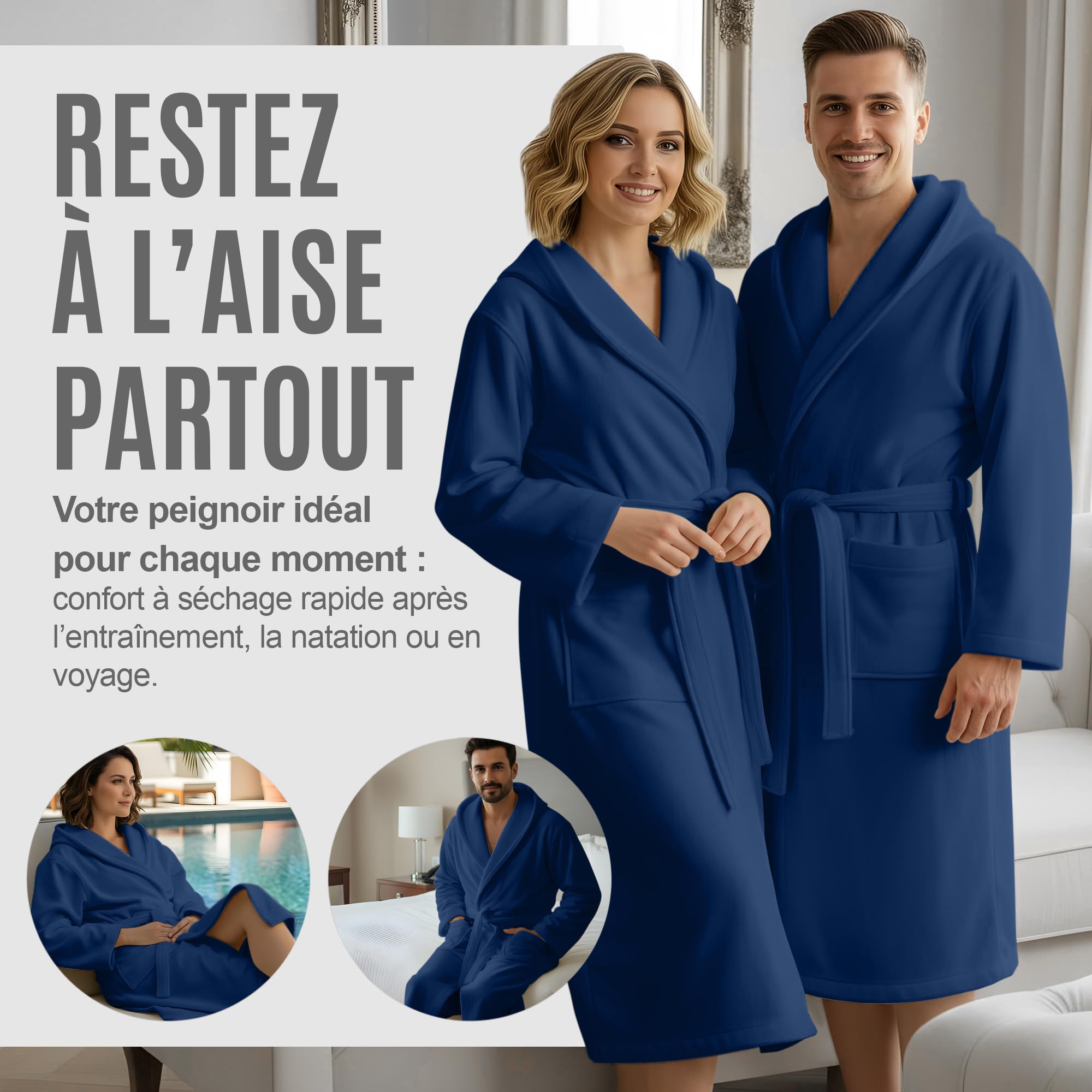 NARCISO Peignoir de Bain Femme Homme Microfibre avec Poches, Capuche et Ceinture, Peignoirs Homme Femme Idéal pour la Maison, les Voyages, la Salle de Sport, Séchage Rapide, Tailles S à XXL