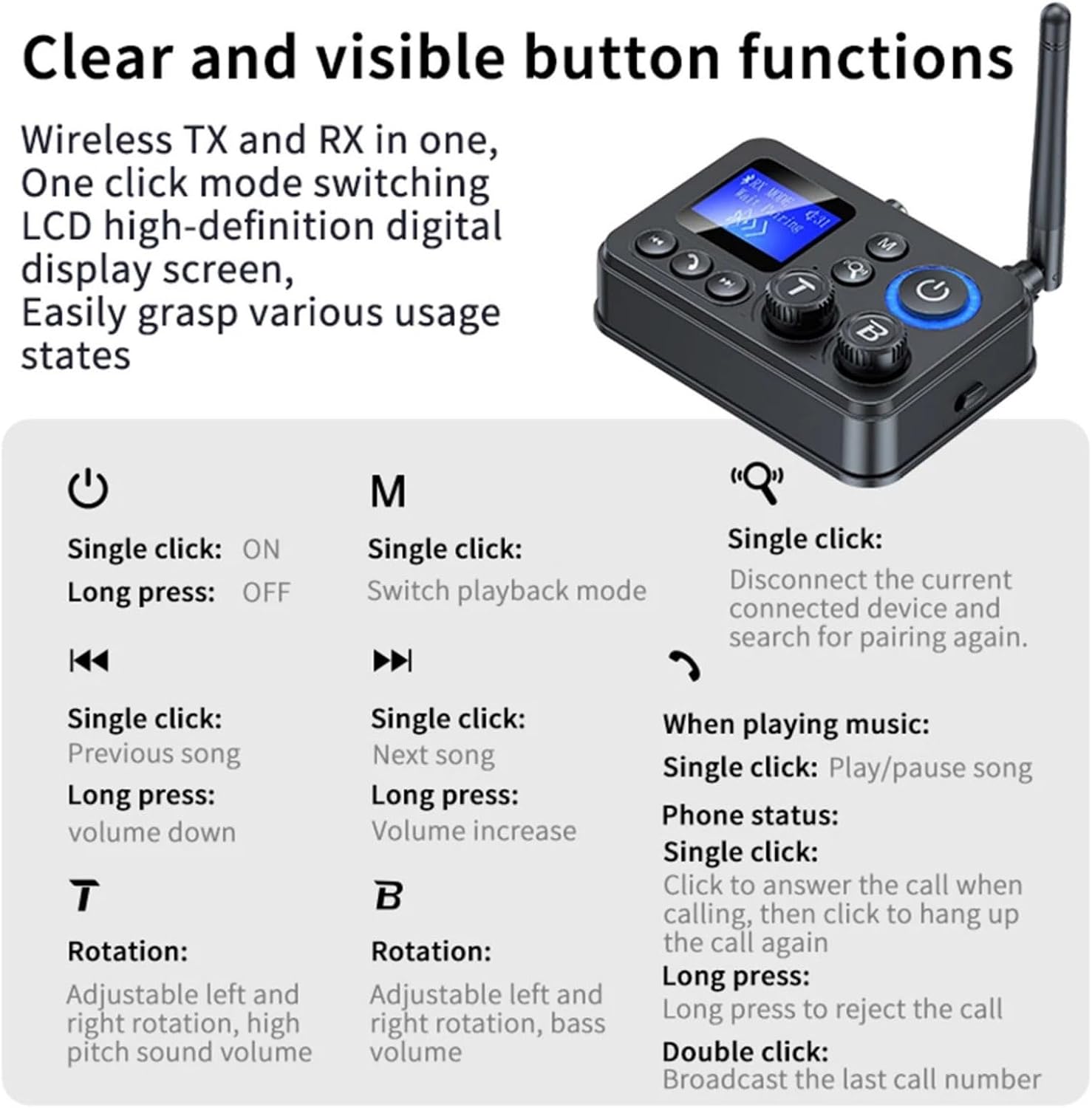 MOUDOAUER 20M Receiver Transmitter Bluetooth 5.4 Audio Adapter, Speaker Microphone Audio Wireless Adapter, AUX/RCA/Coaxial