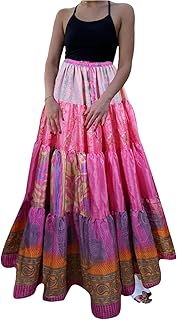 Womens Hot Pink Floral Beach Long Skirt Patchwork Boho Skirts S/M