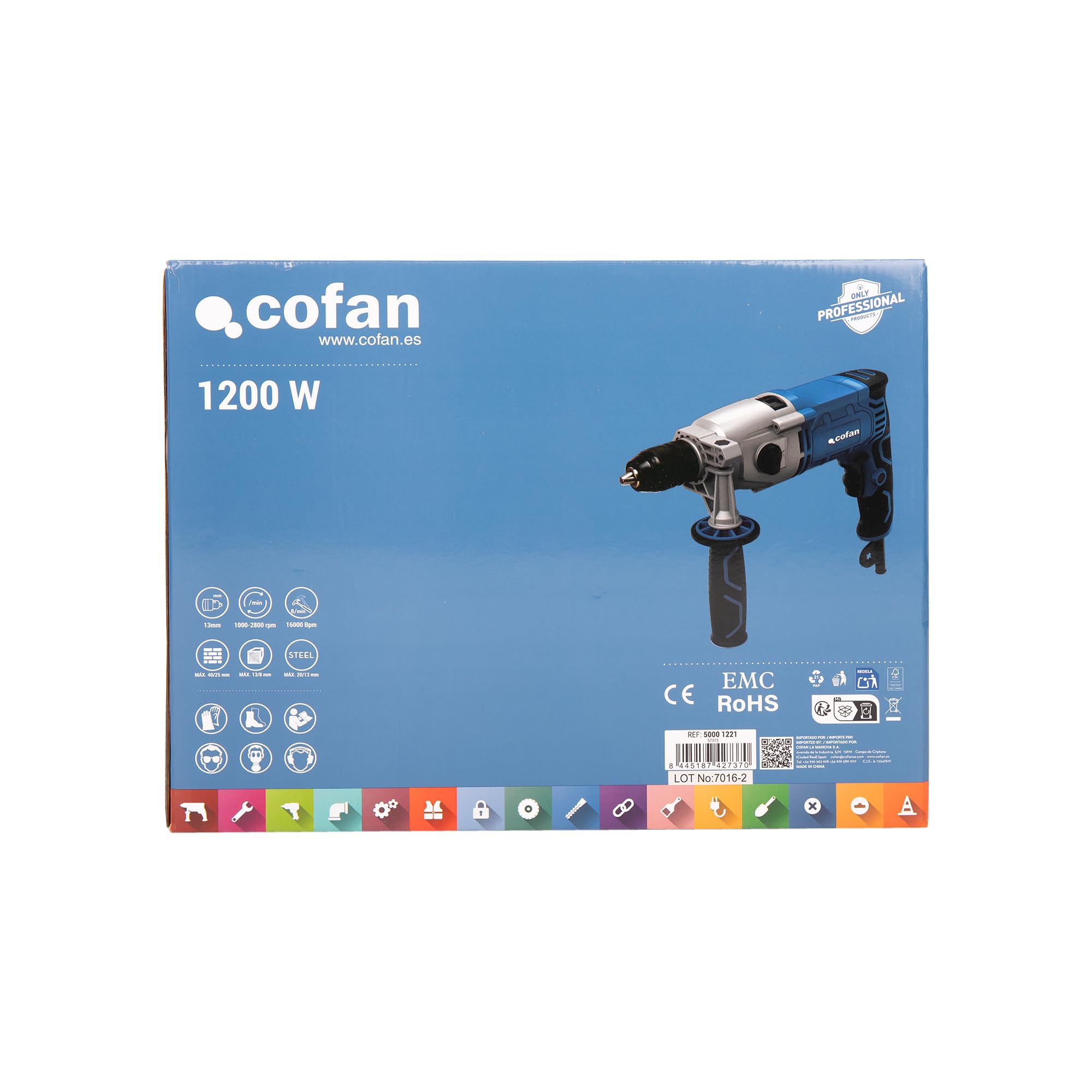 Cofan Taladro percutor con cable 1200 W con 2 velocidades, Portabrocas automático 13 mm, 44800 bpm, empuñadura lateral y barra medidora de profundidad