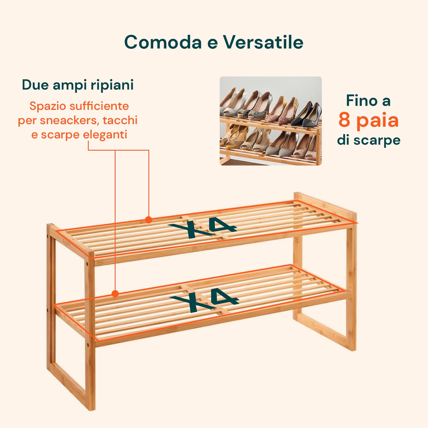 Avilia Scarpiera 2 Ripiani in Bambù 70x27x28cm - Salvaspazio Facile e Rapido da Montare - Ogni Ripiano può Contenere fino a 4 Paia di Scarpe - Ideale per Piccoli Spazi, Corridoi e Ingressi