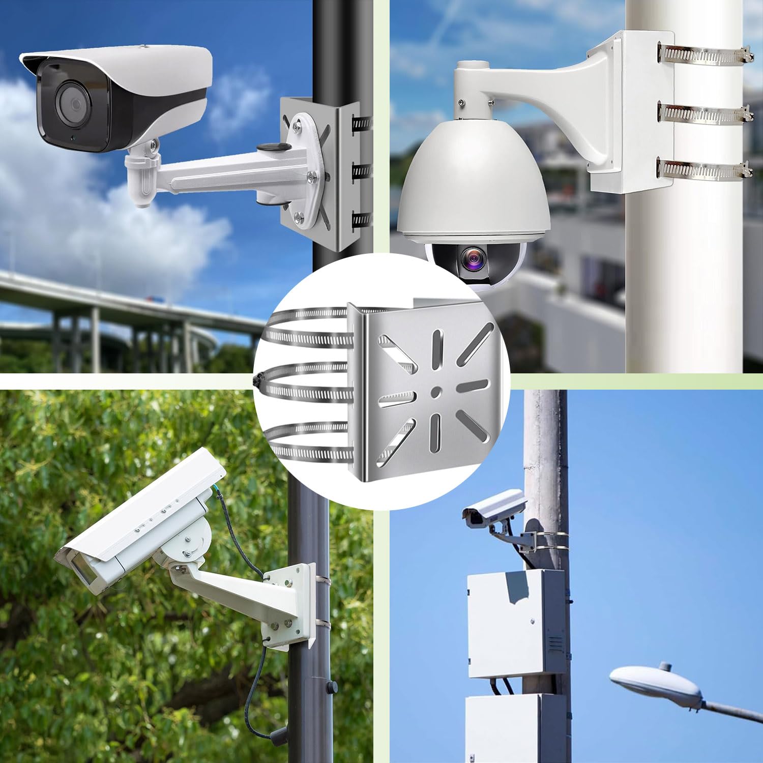 Uchwyt na maszt do kamery monitoringu z 3 regulowanymi zaciskami, uchwyt narożny, stal nierdzewna, pionowy uchwyt masztu do kamer CCTV, kamer IP, kolektorów słonecznych, srebrny