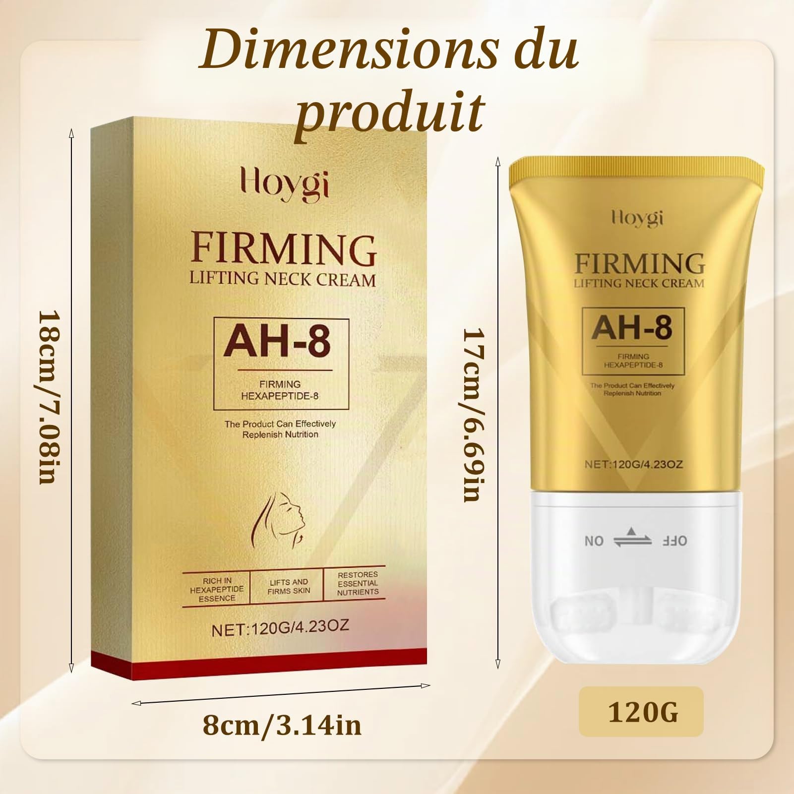 AH-8 Crème Raffermissante pour le cou, 120g, Pour Les Peaux Ridées | Ah8 Firming Neck Cream Avec Rouleau Massage À Double, Hydratant, Réduire Les Rides, Les Ridules et le Double Menton