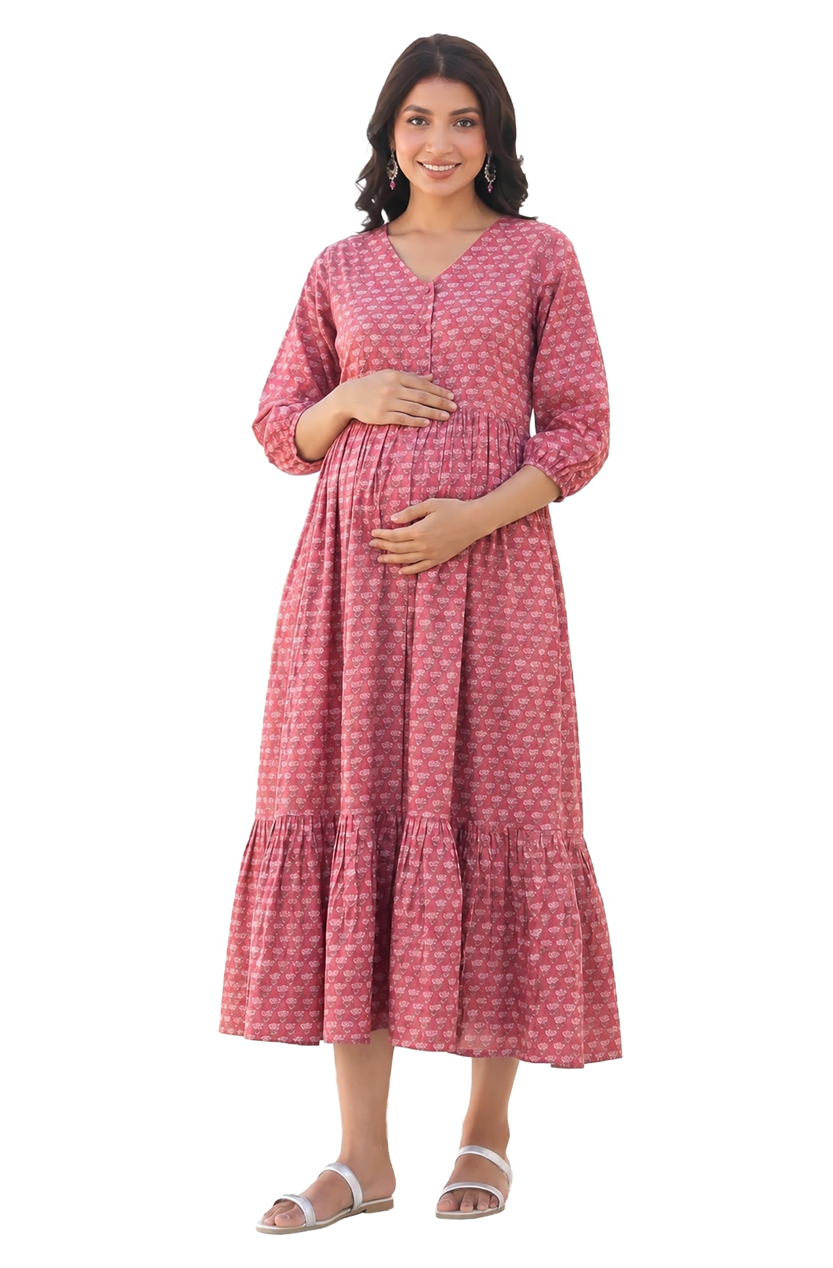 Women's Pink Pure Cotton Floral Printed Tiered Maternity Dress-image-13