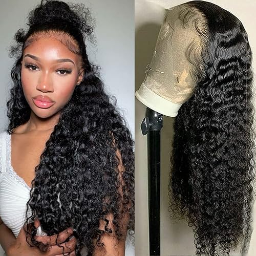 Pelucas de cabello humano ondulado con encaje frontal transparente HD de 13 x 4 pulgadas, para mujeres negras, densidad del 180 %, prearrancadas con