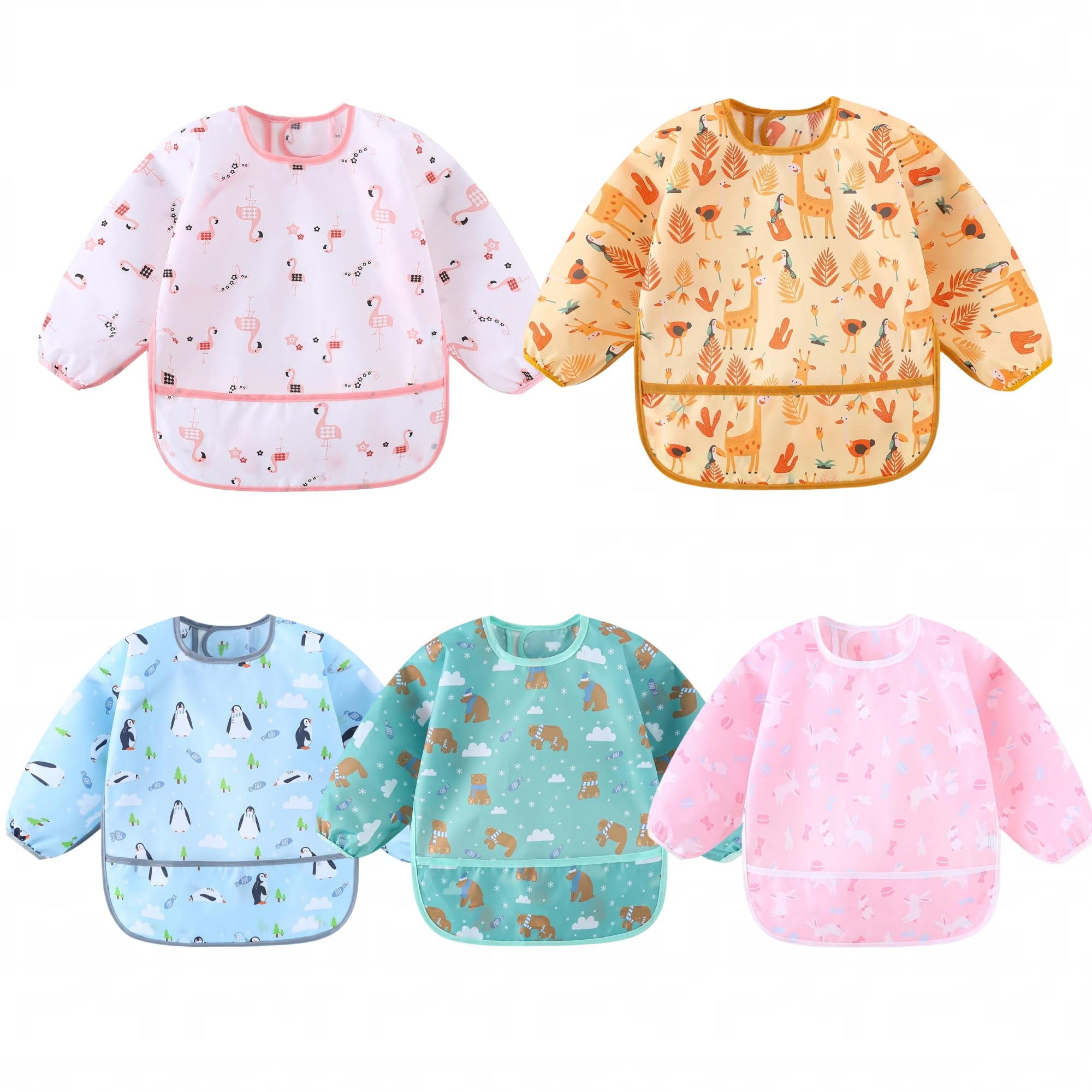 Hafftnun 5-Pack Baby Long Sleeve Waterproof Bib Full Coverage Apron Bib Smock Toddler Bibs with Pocket 3-30 Months