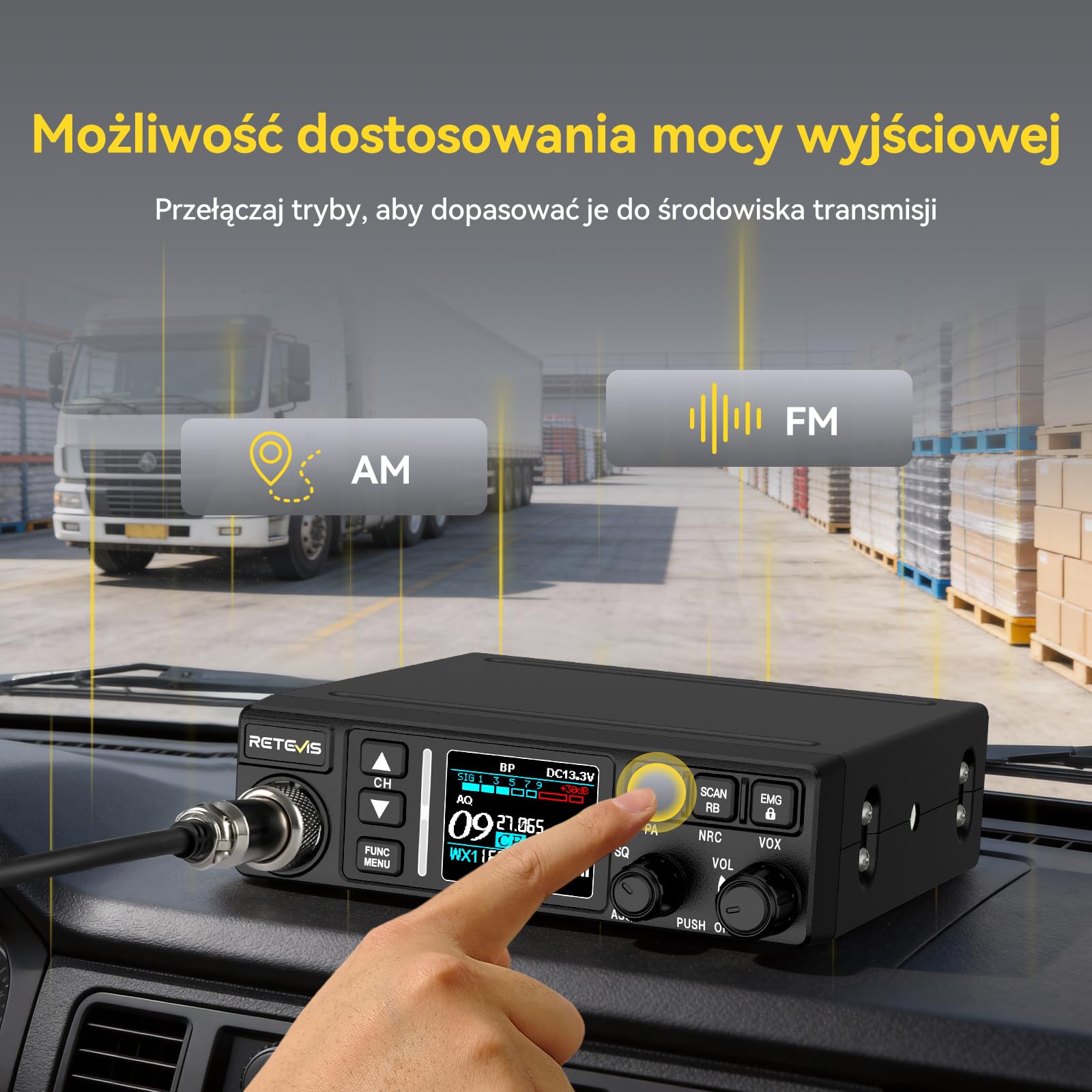 Retevis MB63B Radio CB z anteną, AM/FM, Kolorowy Wyświetlacz Lcd, Redukcja Szumów Nrc, Ctcss/Dcs, Vox, 40 Kanałów, Emg 9/19 Kanałów, Radio Cb Dla Zespołów Terenowych (1 Sztuka, Czarne)
