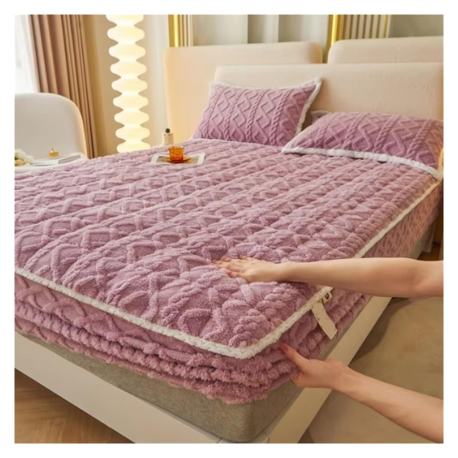 Sábana Bajera Cálida Colchón Acolchado de Lana de Leche, Colcha Gruesa de Lana, Funda Protectora de Lana de Coral de Invierno(Pink,180x200cm 1pc)
