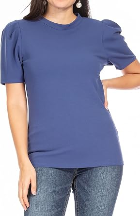Womens Puff Sleeve Casual Solid Pullover Short Sleeve Mock Neck T Shirt Blouse Tops