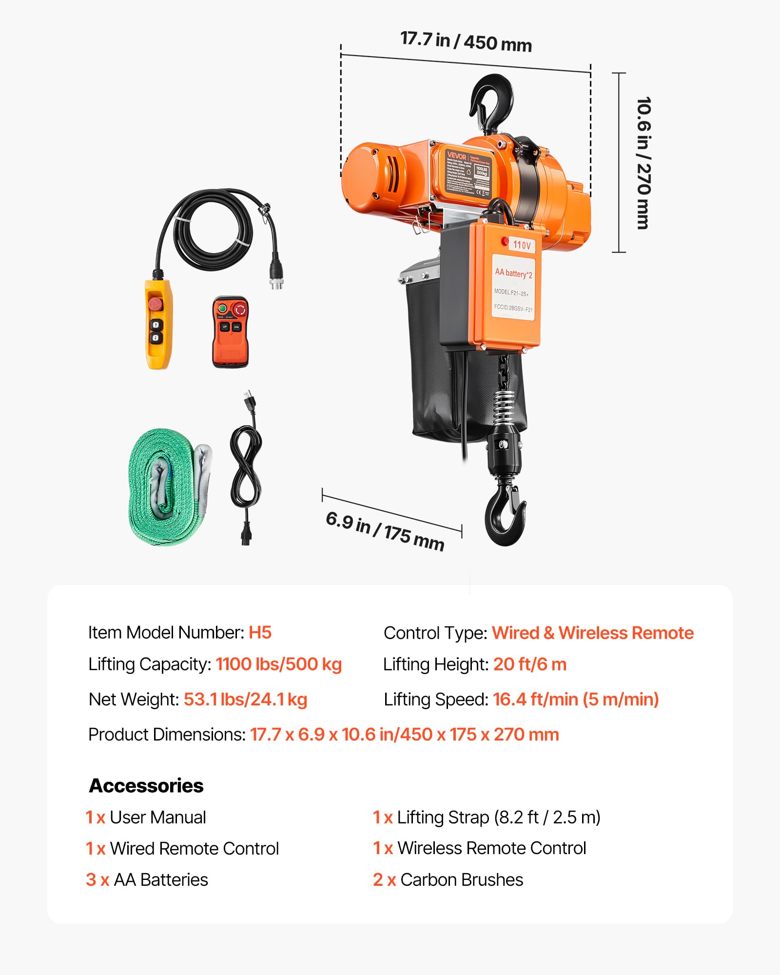 VEVOR Polipasto Eléctrico de Cadena Carga 500 kg 230 V Cadena G100, Altura de Elevación de 6 m, Velocidad 5 m/min Control Remoto por Cable e Inalámbrico hasta 100 m para Reparación Taller Motor Garaje