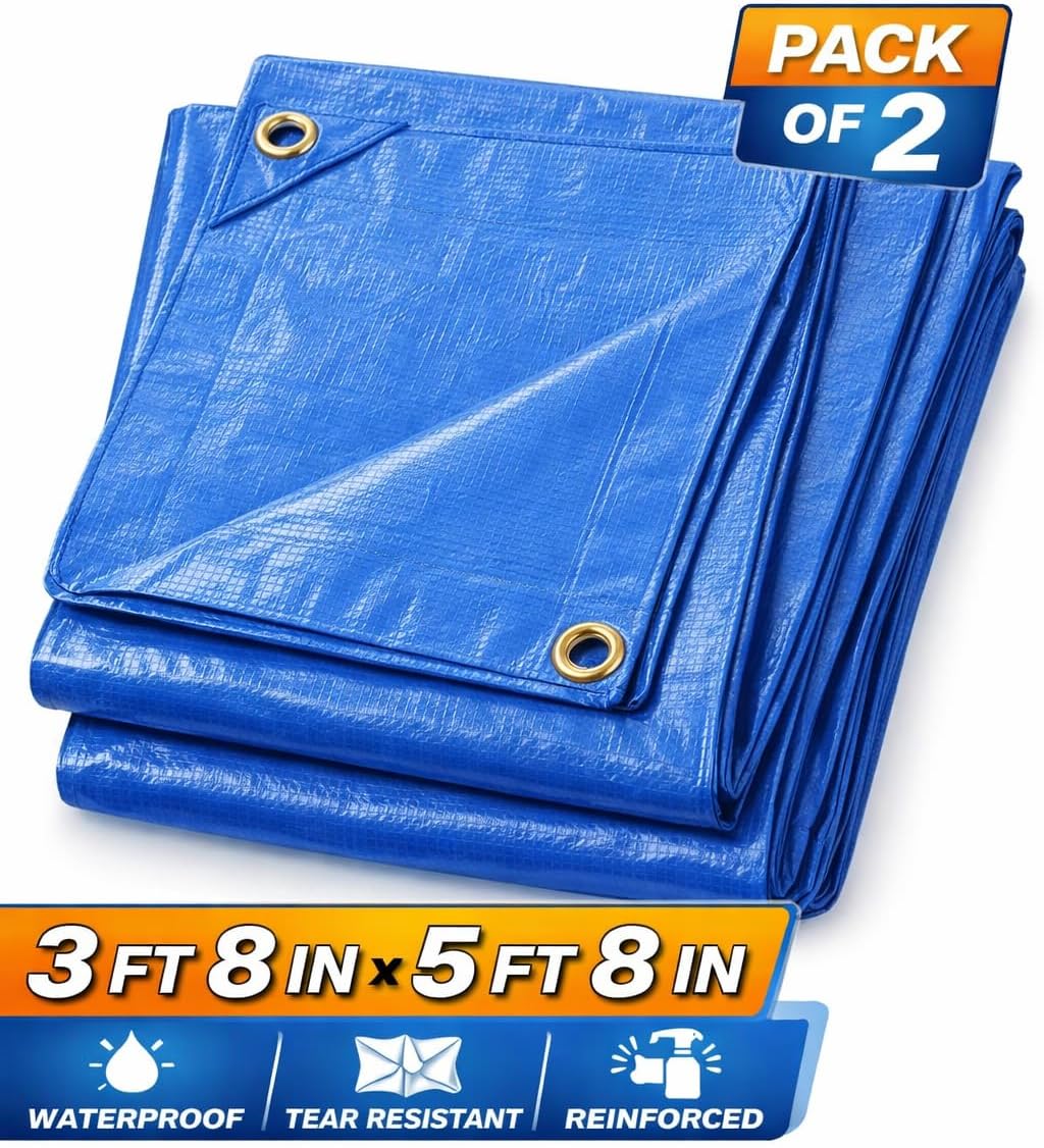 Small Blue Tarps, Pack of 2 – Finished Size 3 ft 8 in x 5 ft 8 in – Waterproof Lightweight Utility Covers with Reinforced Grommets