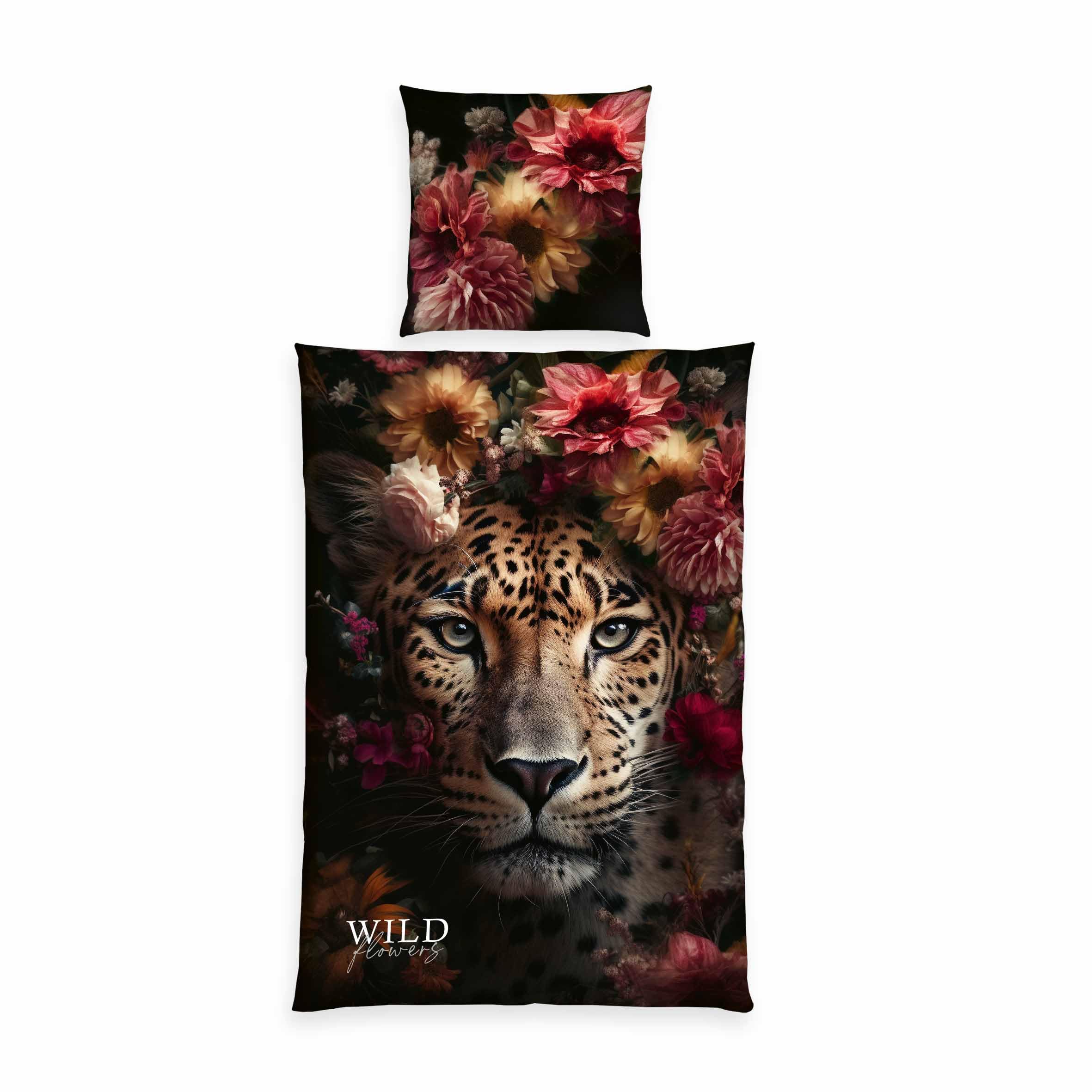 Herding Wild Flowers Bettwäsche-Set Leopard, 80 x 80 cm + 135 x 200 cm, mit Reißverschluss, 100% Baumwolle/Renforcé, Mehrfarbig