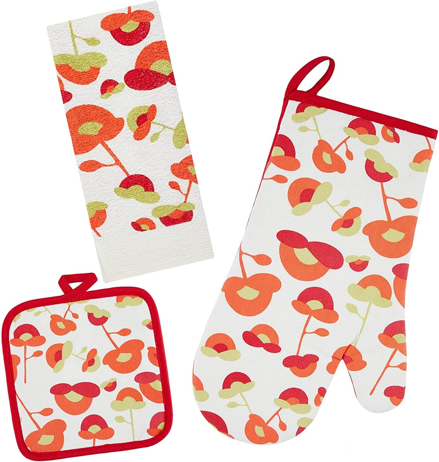 Firstall Kitchen Set -1 Kitchen Towel,1 Oven Mitt,1 Pot Holder(Red Flower)