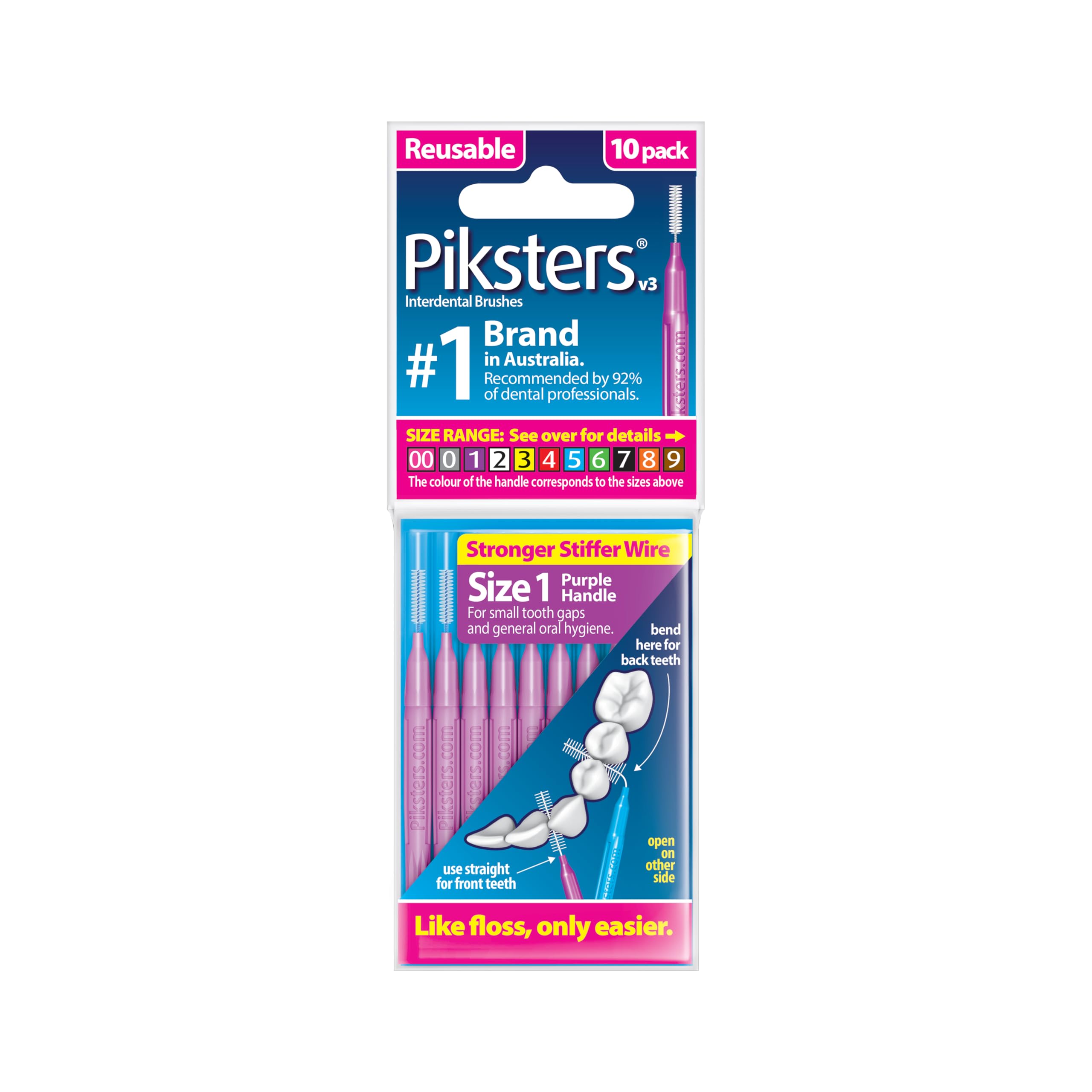 Piksters Interdental Brushes, Sizes 000 to 7, 10 Pack (Size 1 (Purple), 10 Count (Pack of 1))