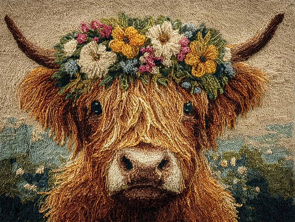 FWRTYCB Latch Hook Carpet Kit Highland Cow Wearing A Flower Wreath 20X15Inch Rug Ma